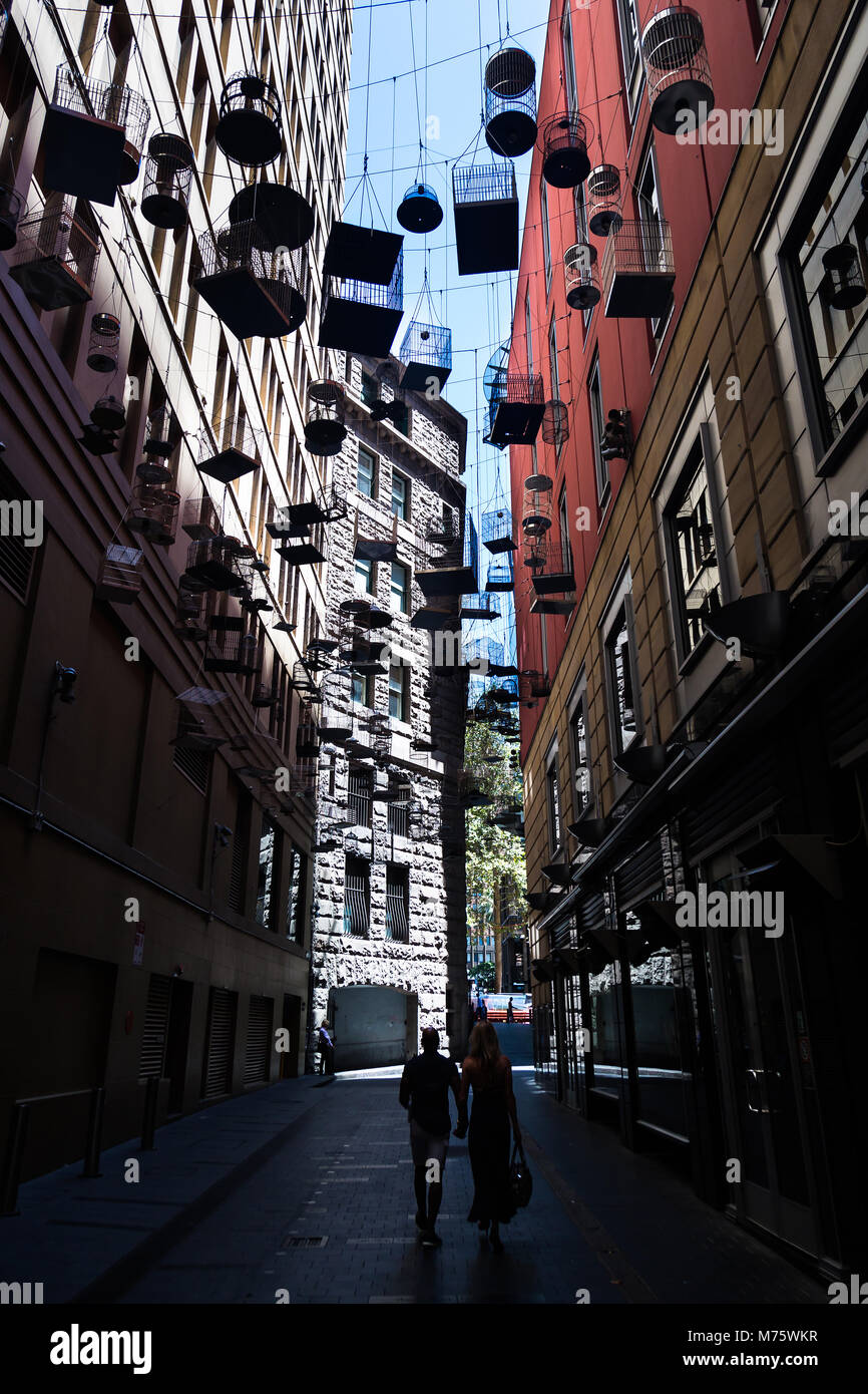 Une installation artistique de 50 cages suspendues, intitulé chansons oubliées. Il comenorates les chansons de cinquante oiseaux une fois entendu dans le centre de Sydney. Banque D'Images