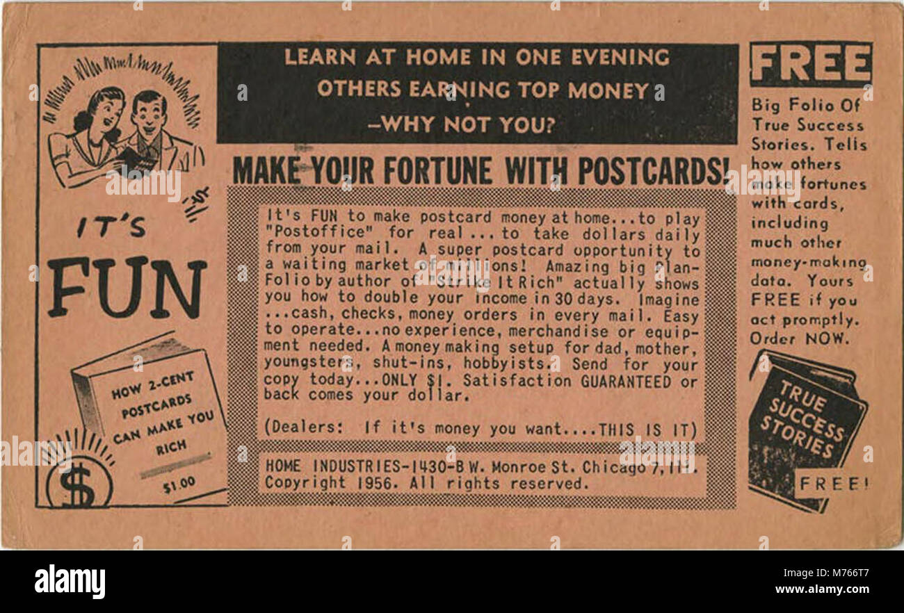 L'invention concerne une publicité favorisant le fait de gagner de l'argent en vendant des cartes postales, en particulier grâce à des efforts à domicile. La publicité met l'accent sur l'utilisation de cartes postales de 2 cents pour le profit comme une entreprise commerciale au début du 20ème siècle. Banque D'Images