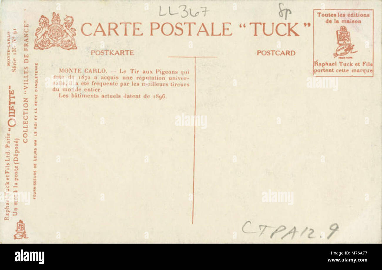 Cette carte postale représente une scène de Monte Carlo, en particulier l'événement « tir aux pigeons ». Monte Carlo, situé à Monaco, est célèbre pour ses casinos et ses événements de luxe, et cette image met en valeur l'un des sports de tir populaires dans la région. Banque D'Images