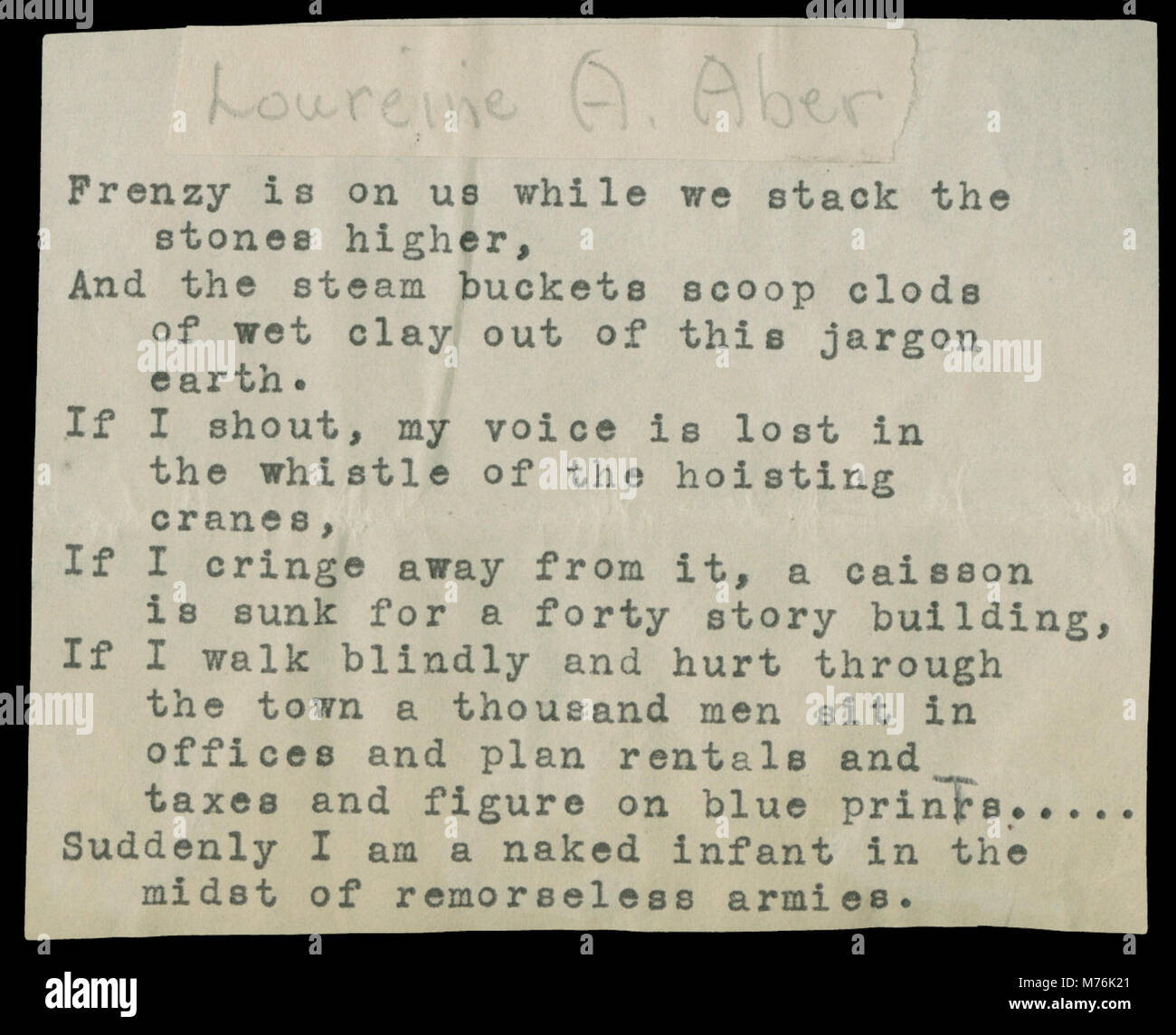 Cette image présente un poème de Loureine A. Aber, reflétant son style littéraire et ses contributions à la poésie. Banque D'Images