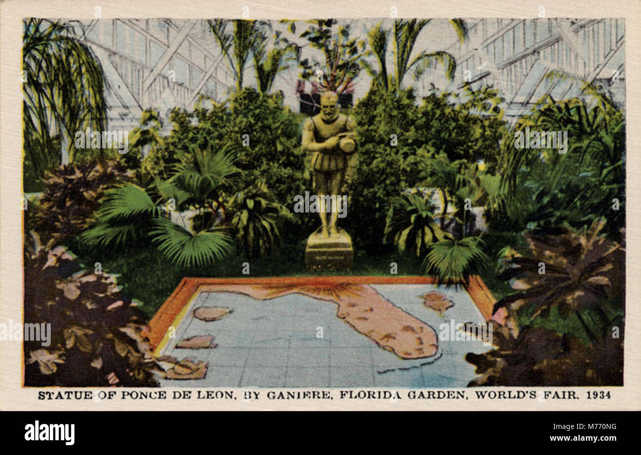 Statue Ponce de Leon, par Ganiere, en Floride, le jardin, juste des mondes (NPAR) 415038 1934 Banque D'Images