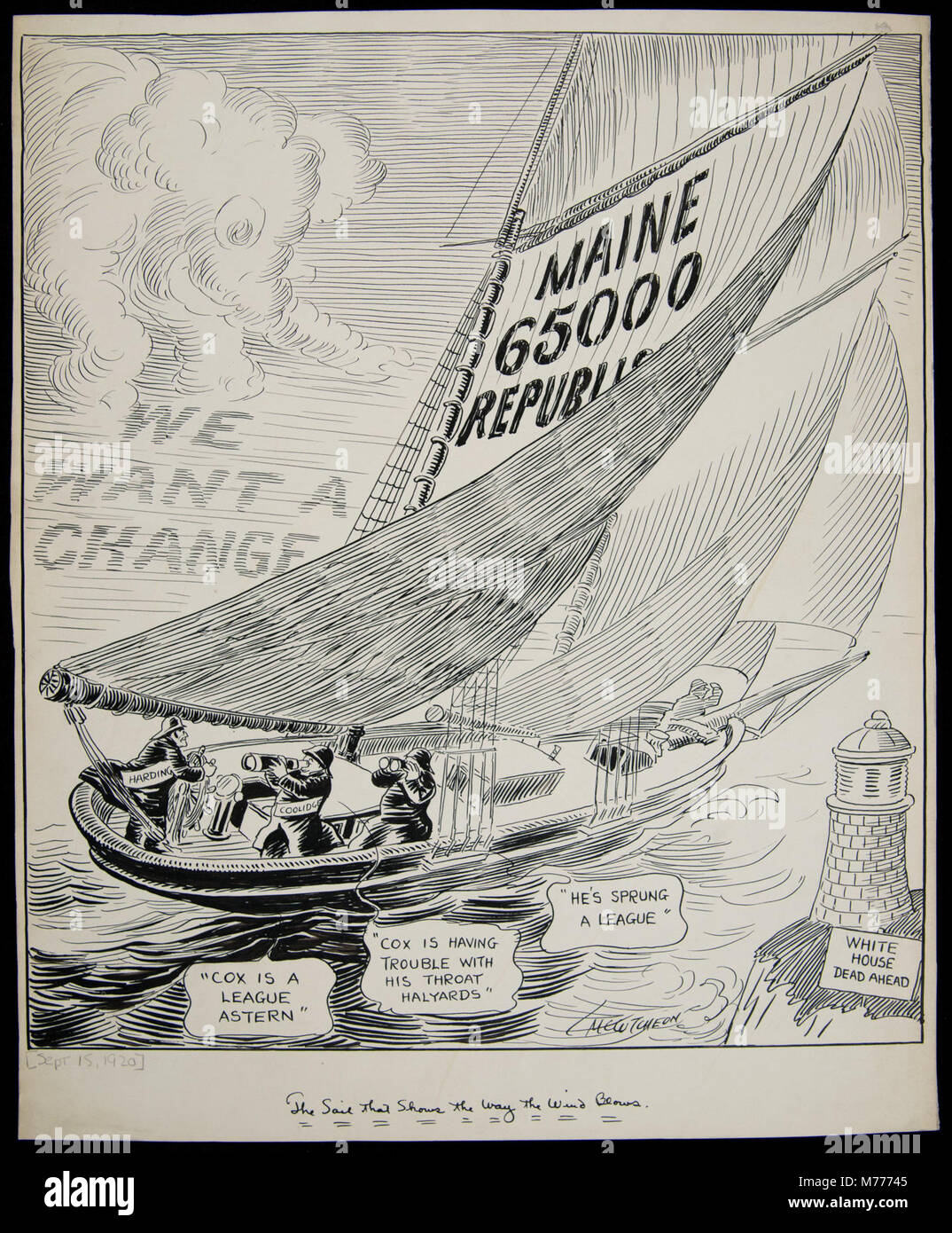 Photographie d'une voile montrant la direction du vent, prise le 15 septembre 1920. L'image illustre le mouvement et la dynamique de la voile par rapport au vent, probablement lié aux activités maritimes ou aux études du vent. Banque D'Images