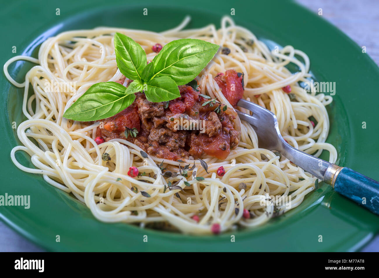 Plaque verte de la cuisine italienne traditionnelle spahgetti ou Bolognaise Bolognese avec nouilles pâtes nappées d'une sauce à la viande à base de tomate garnie de basilic frais Banque D'Images