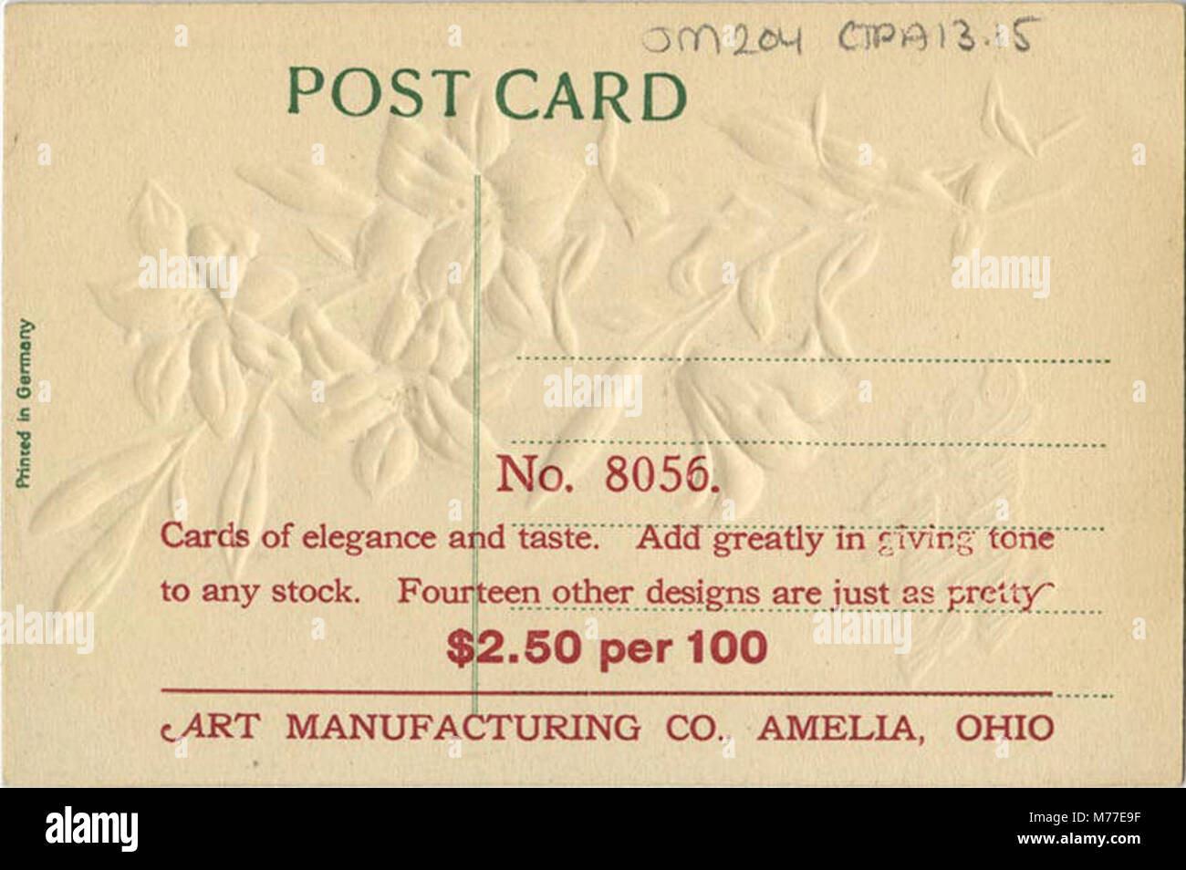 Cette publicité présente des fleurs blanches dans le cadre d'un souhait d'anniversaire, faisant la promotion des produits de la Art Manufacturing Company. La publicité met en évidence les offres florales de la société pour des occasions spéciales. Banque D'Images