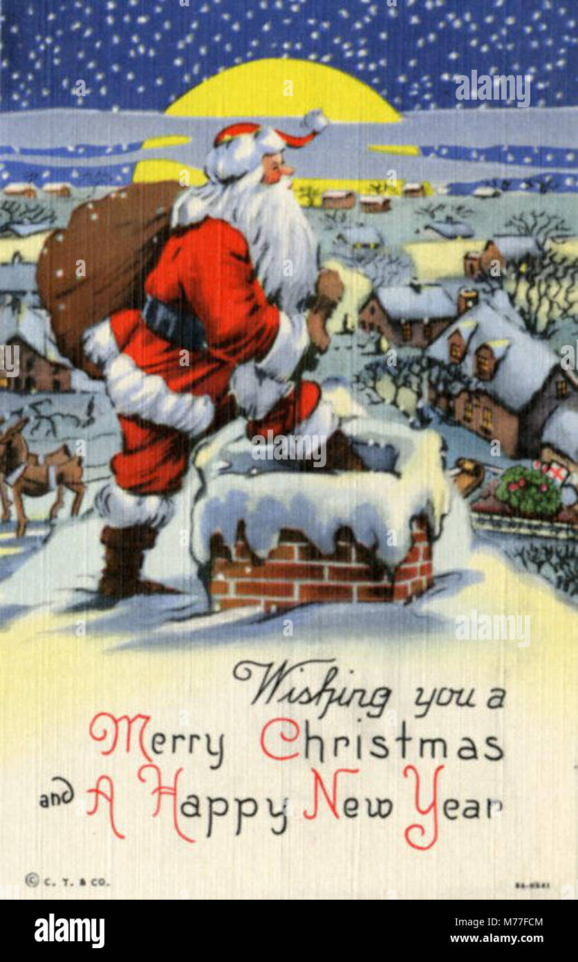 Cette image festive représente le Père Noël descendant une cheminée, symbolisant la saison de Noël, et souhaitant aux spectateurs un joyeux Noël et une bonne année. Banque D'Images