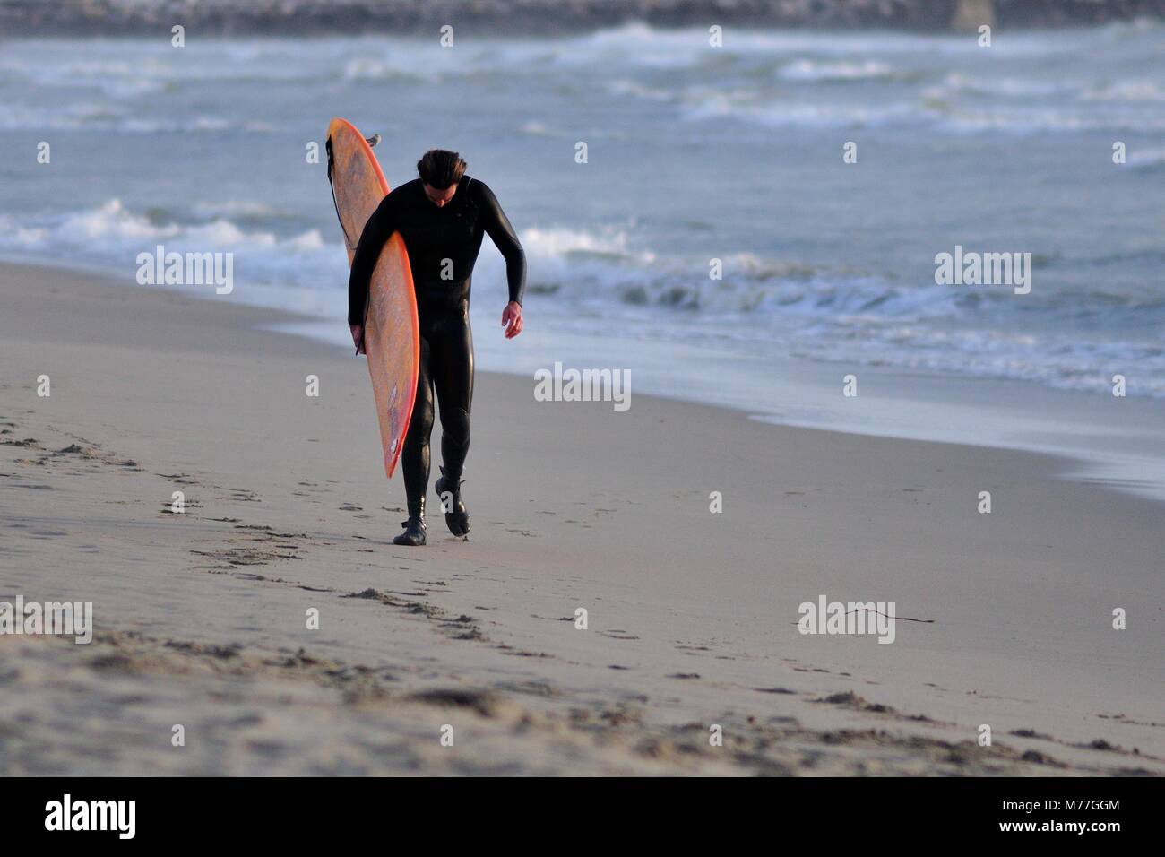 Surfer en laissant la plage Banque D'Images