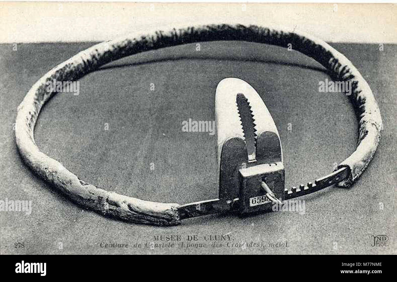 Cette image montre une ceinture de chasteté métallique de l'ère des