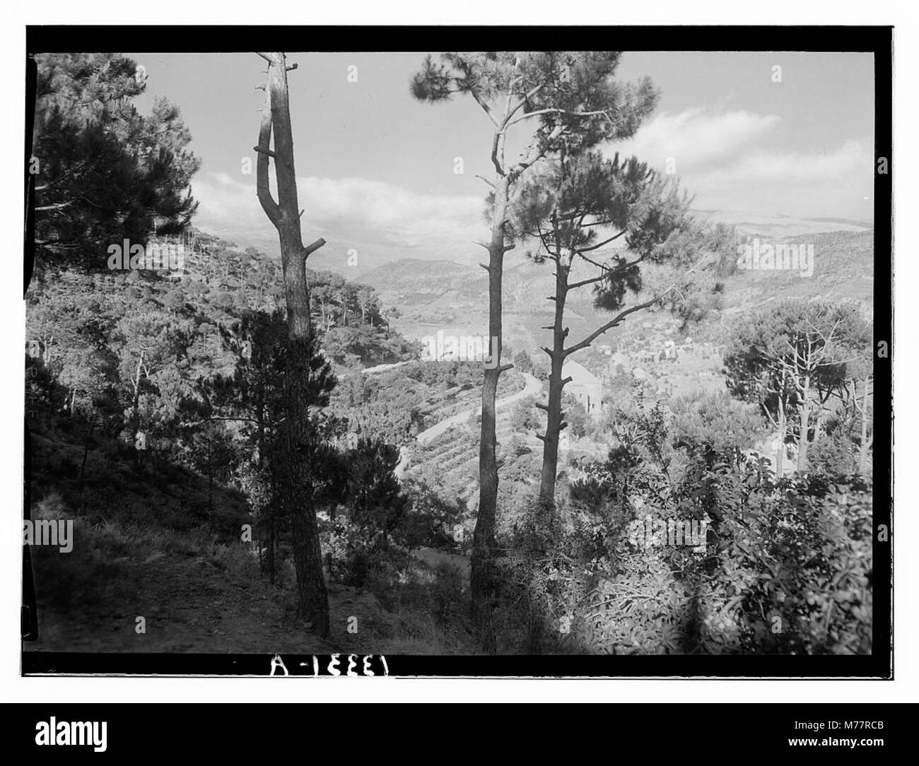 Une vue panoramique de la vallée de Chouer, montrant la descente de Dhour-es-Chouer à Chouer Mt. Maison. Cette image met en évidence les caractéristiques géographiques de la région libanaise, y compris le terrain montagneux et la beauté naturelle de la vallée. Banque D'Images