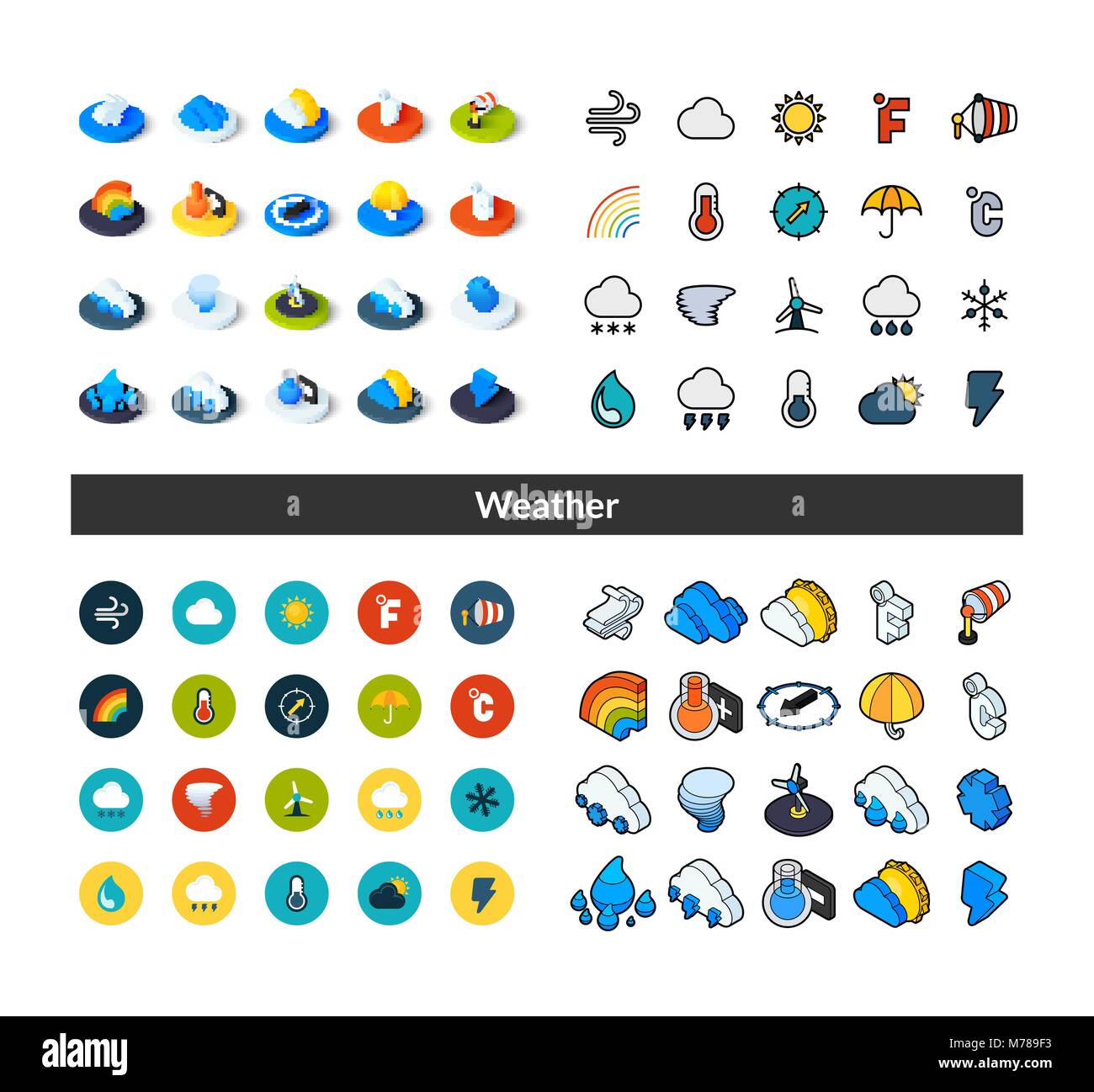 Ensemble d'icônes de styles - télévision isométrique et otline, colorés et les versions noir Illustration de Vecteur