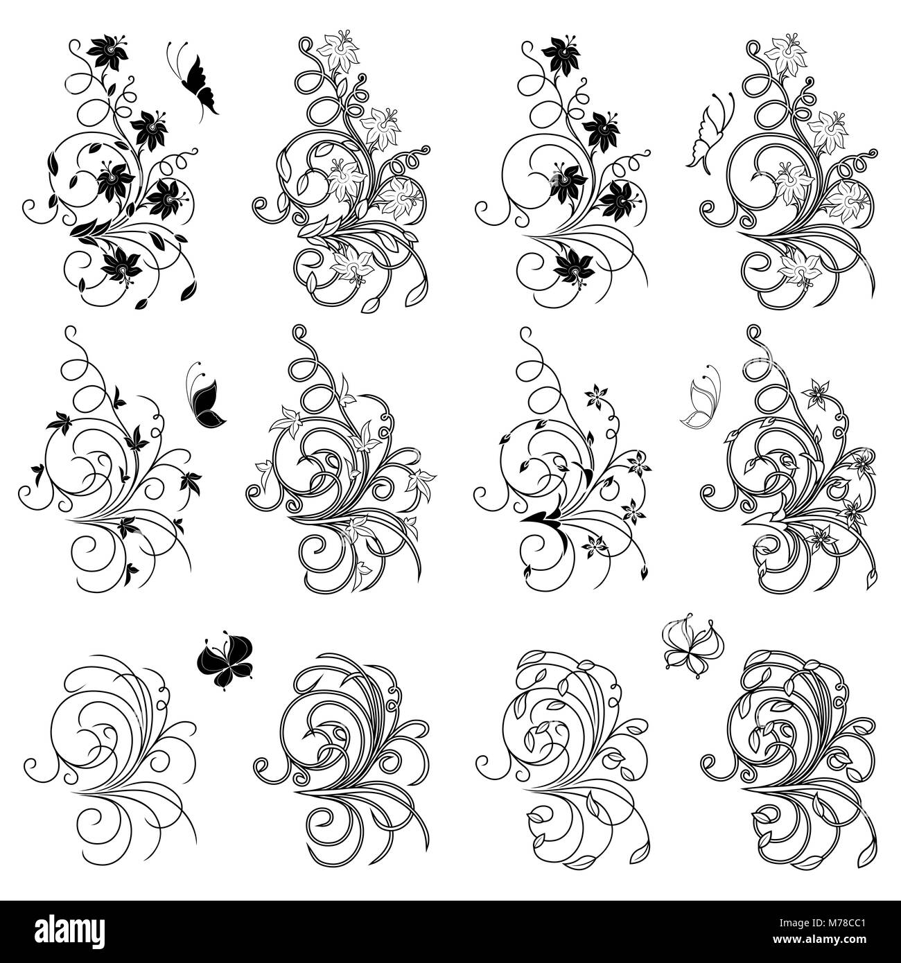 Ensemble de swirl floral design noir et blanc avec des fleurs et des éléments papillons isolé sur le fond blanc, vector illustration Illustration de Vecteur