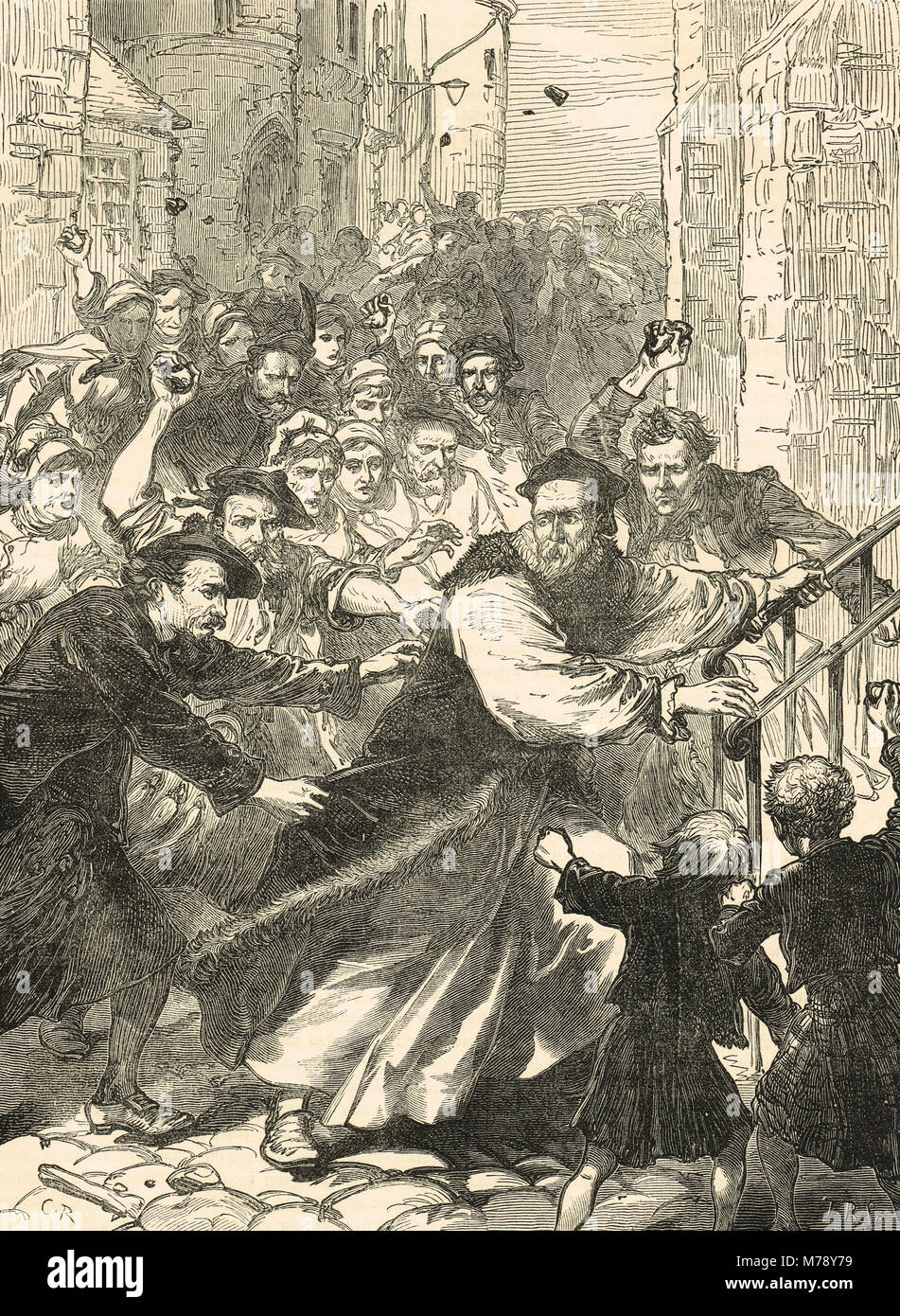Poursuite de l'évêque de Paris, 23 juillet 1637. Des émeutes à Paris suite à l'introduction du nouveau livre de prière en Ecosse commandé par Charles I. Banque D'Images