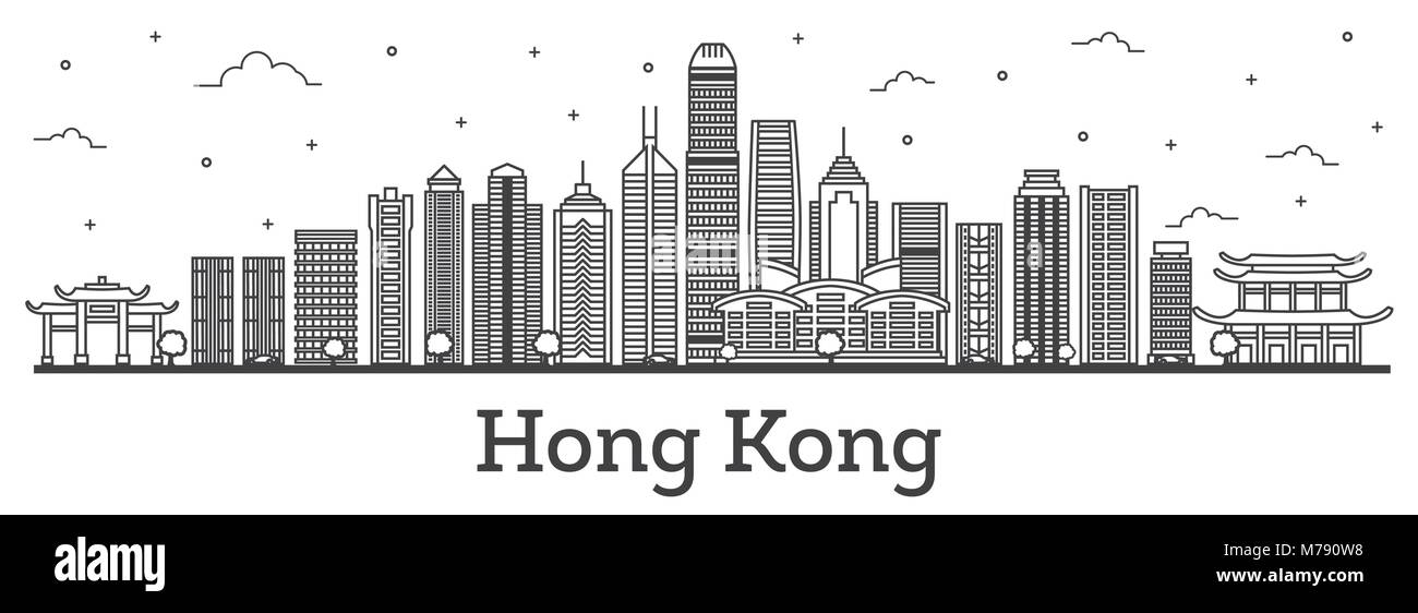 Hong Kong Chine Aperçu sur les toits de la ville avec des immeubles modernes isolé sur blanc. Vector Illustration. Hong Kong Cityscape avec repères. Illustration de Vecteur