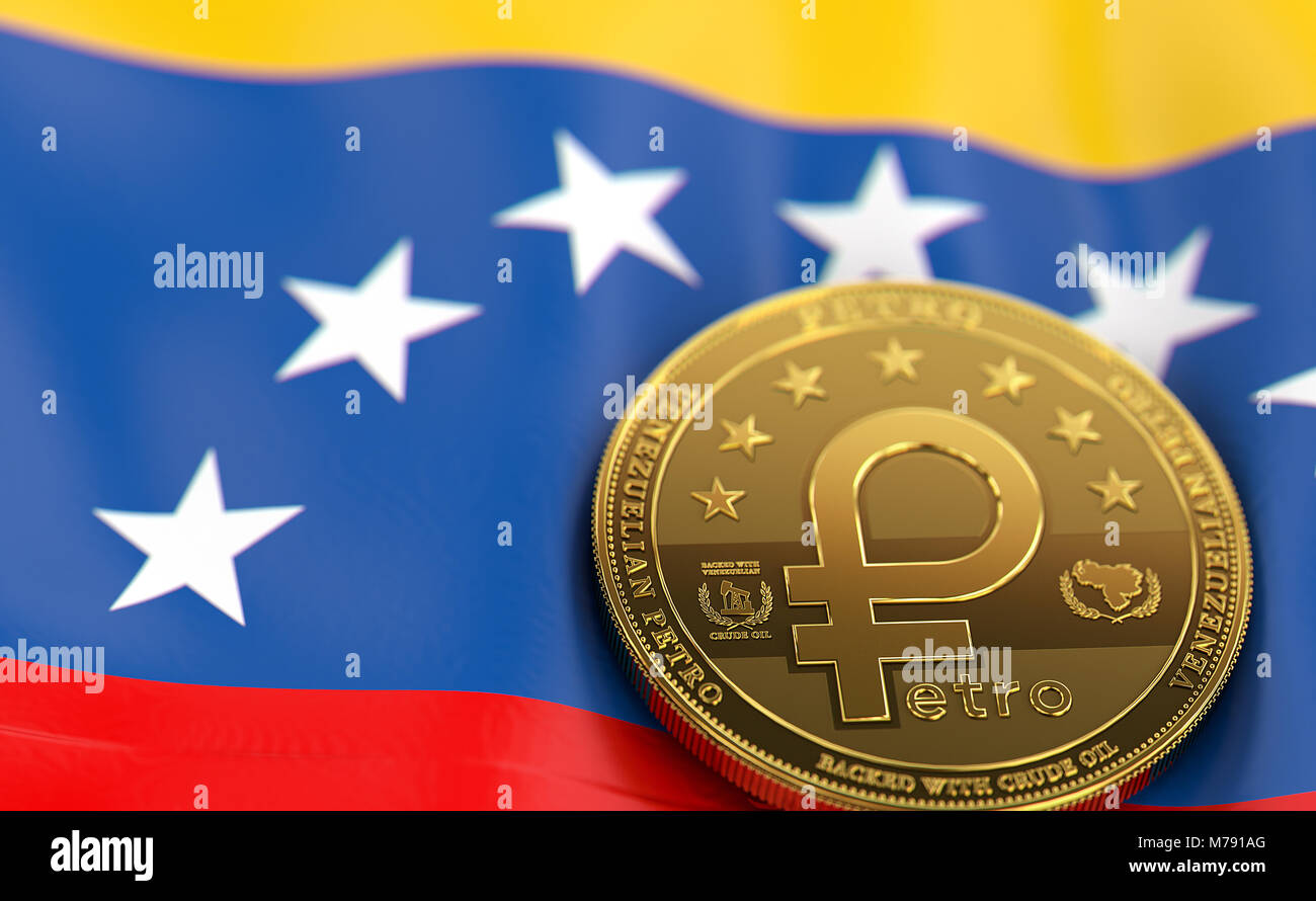 Concept d'or Petro pièce sur battant pavillon vénézuélien. Petro - cryptocurrency le concept du Venezuela. Le Rendu 3D Banque D'Images