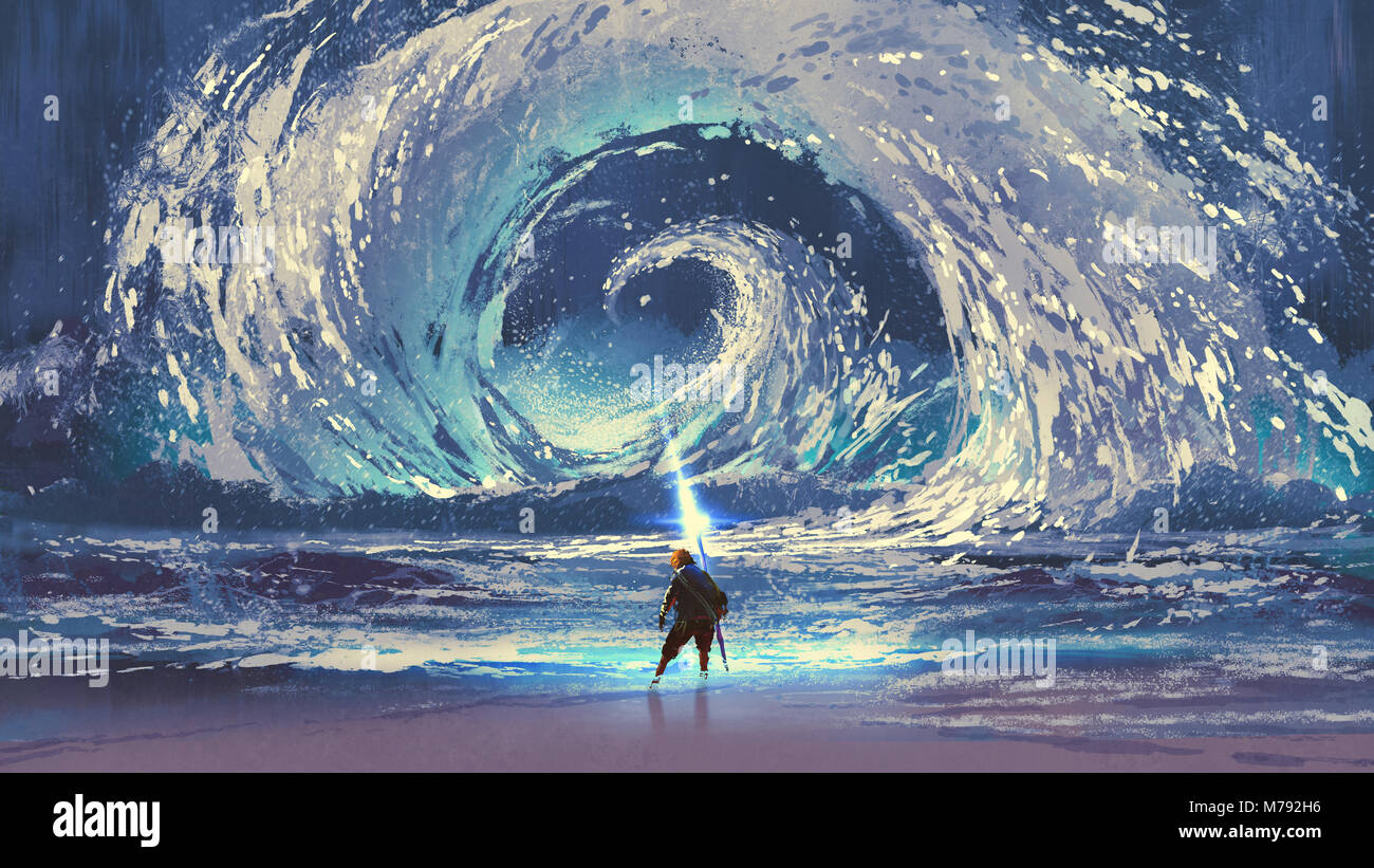 Homme avec une lance magique mer tourbillonnant dans le ciel, de style art numérique, illustration peinture Banque D'Images