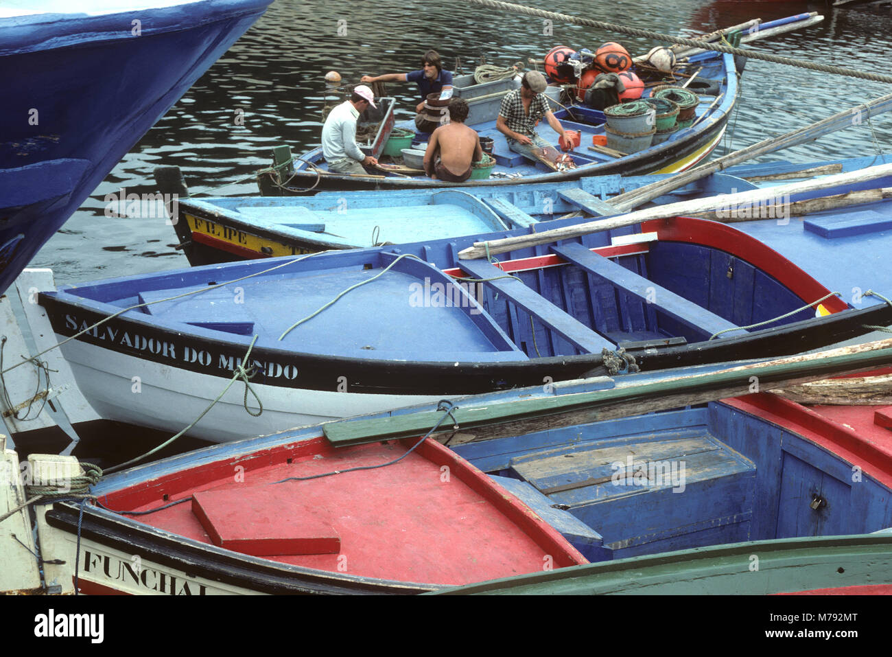Préparer les pêcheurs parmi les bateaux de pêche d'appâts à Camara de Lobos portugais un village de pêcheurs sur l'île de Madère Banque D'Images