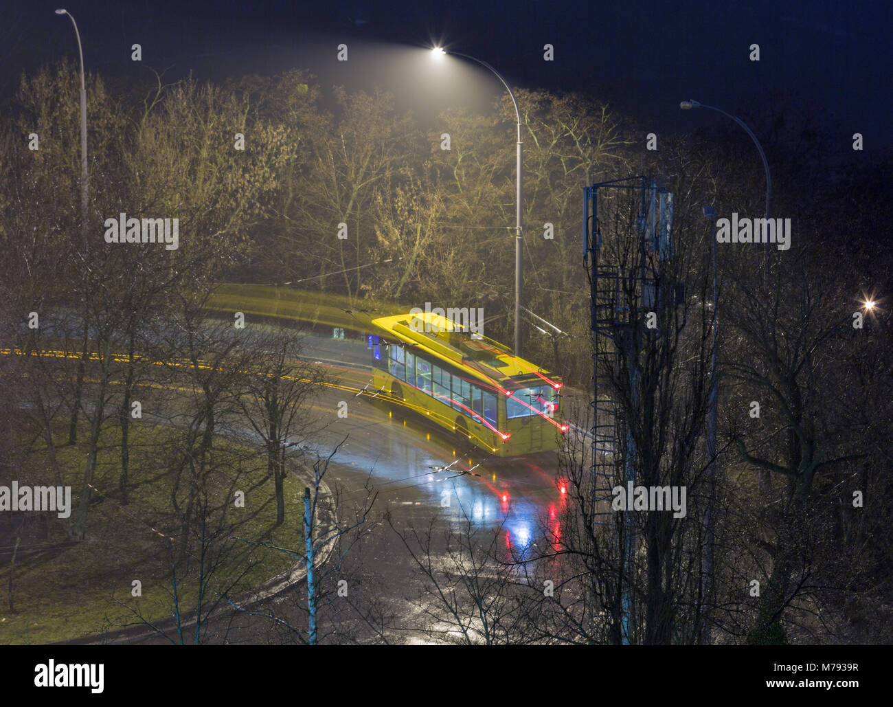 Trolleybus sur rue la nuit par mauvais temps Banque D'Images