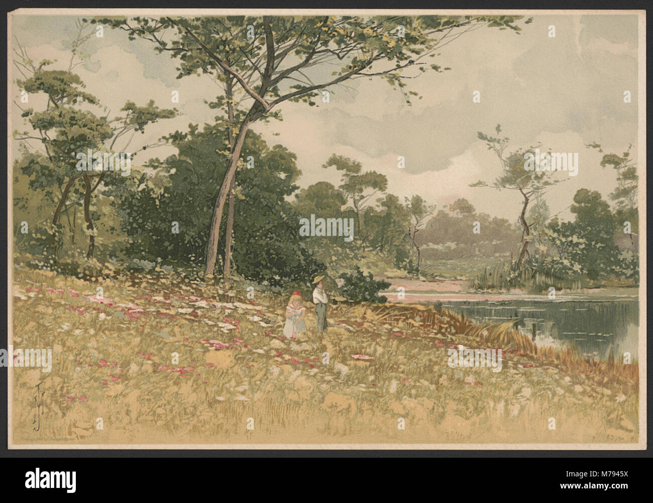 Cette œuvre, intitulée 'Summer' et créée par J. Mazzanovich, est identifiée par le monogramme de l'artiste. C'est un exemple d'art du début du XXe siècle, représentant probablement l'atmosphère chaleureuse et vibrante de l'été. Banque D'Images