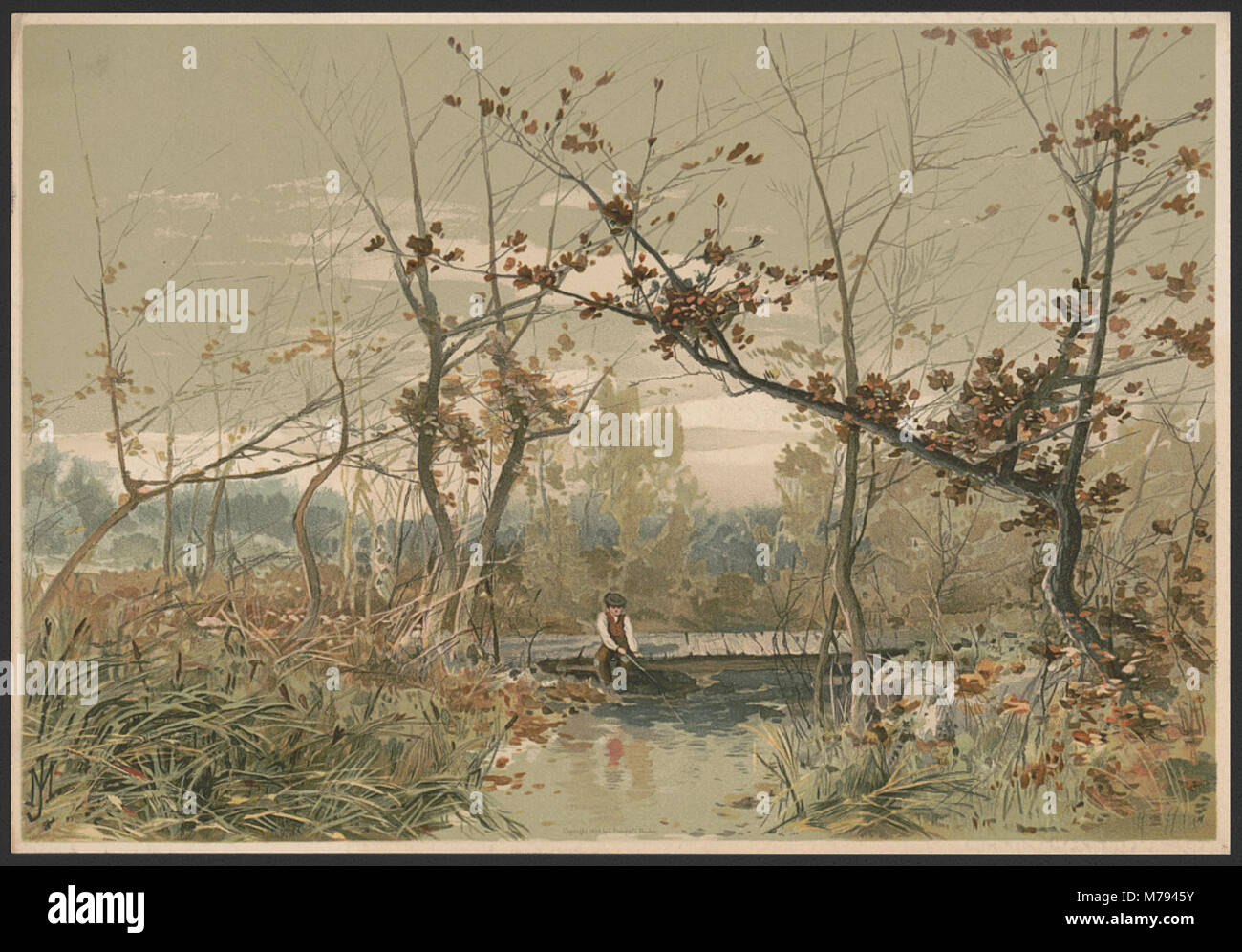 Une peinture intitulée 'automne' de J. Mazzanovich, marquée du monogramme de l'artiste JM, représentant un paysage saisonnier dans un style artistique. Banque D'Images