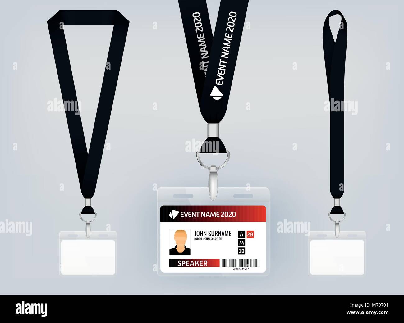 Lanyard design, illustration réaliste. Carte d'identification avec ruban. Fermeture en métal et plastique avec carte. Accréditation pour les événements, les réunions, juste Illustration de Vecteur