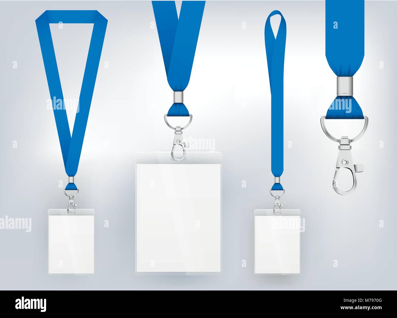 Lanyard design, illustration réaliste. Carte d'identification avec ruban. Fermeture en métal et plastique avec carte. Accréditation pour les événements, les réunions, juste Illustration de Vecteur