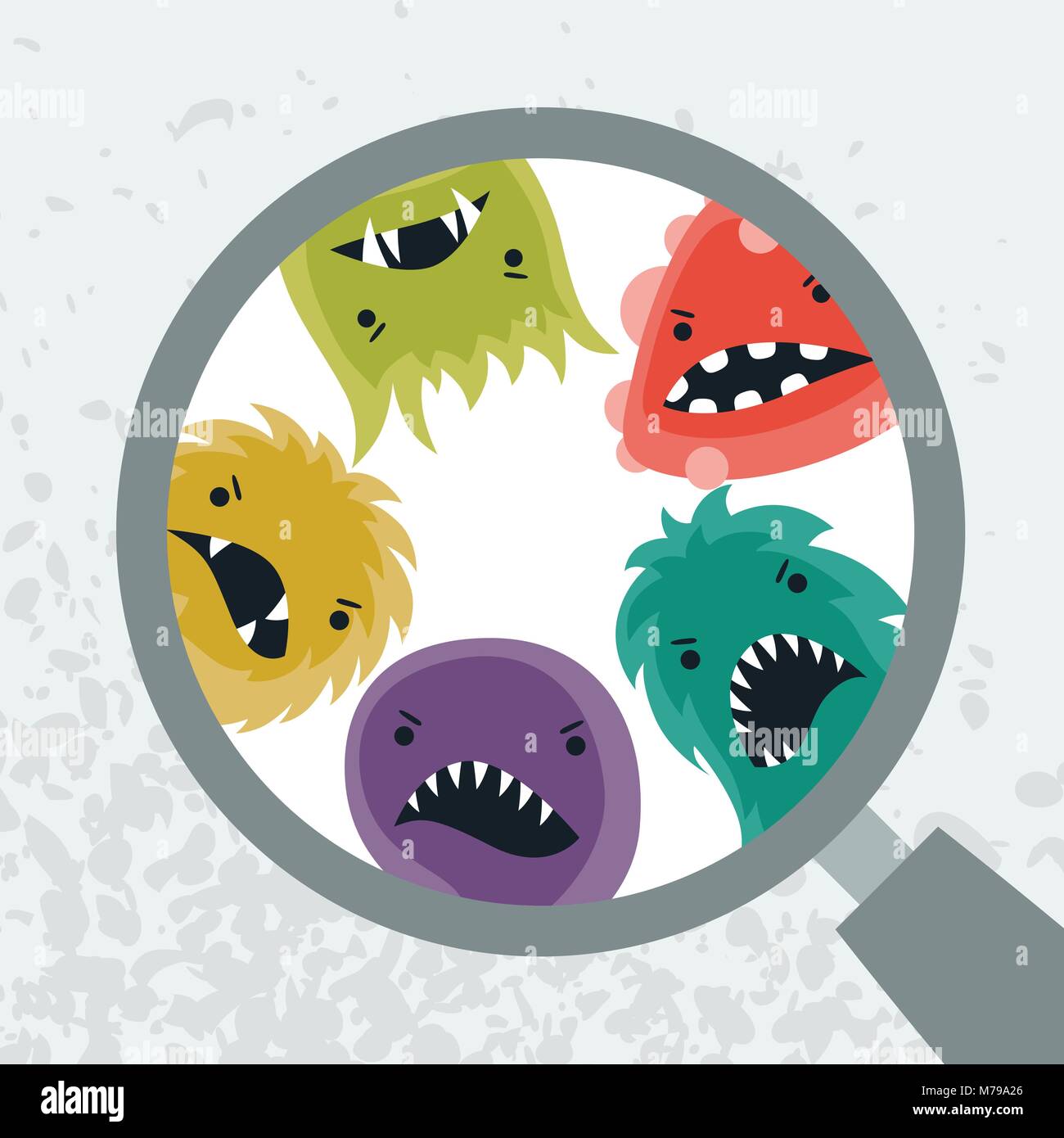 Arrière-plan avec peu en colère les virus et de la loupe. Illustration de Vecteur