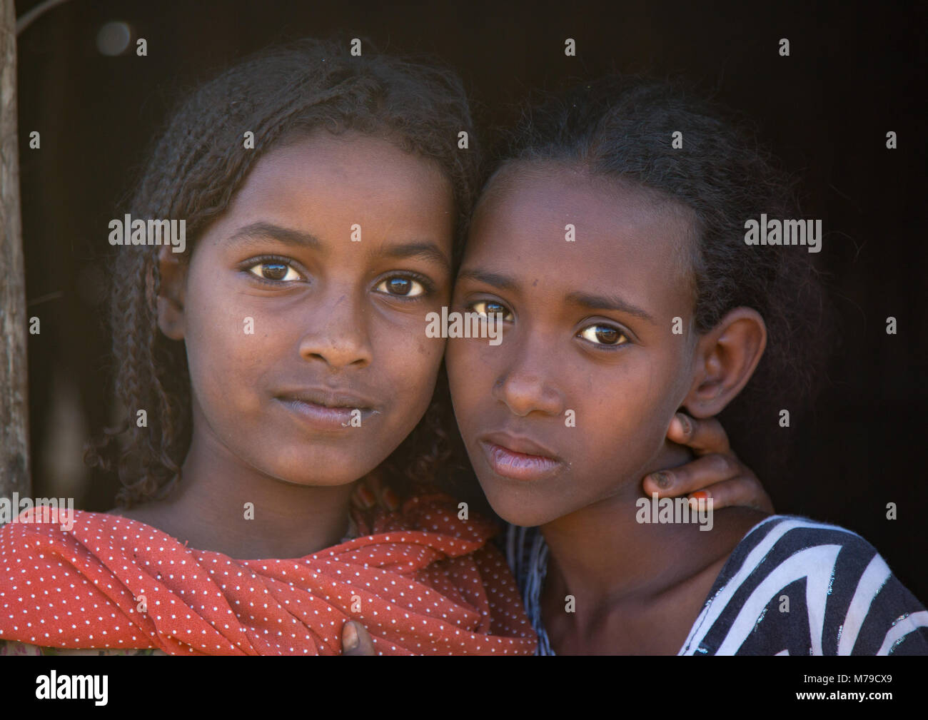 Portrait d'afar tribe adolescentes devant leur hutte, région Afar, Ethiopie, Afambo Banque D'Images