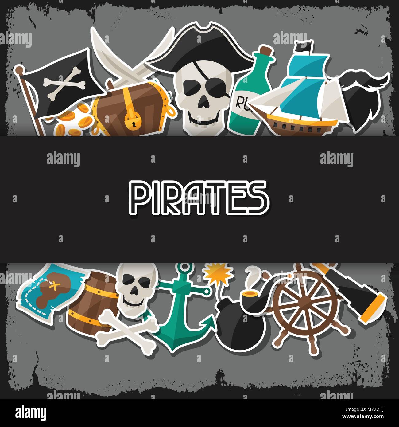 Contexte Le thème de pirates avec des autocollants et des objets Illustration de Vecteur