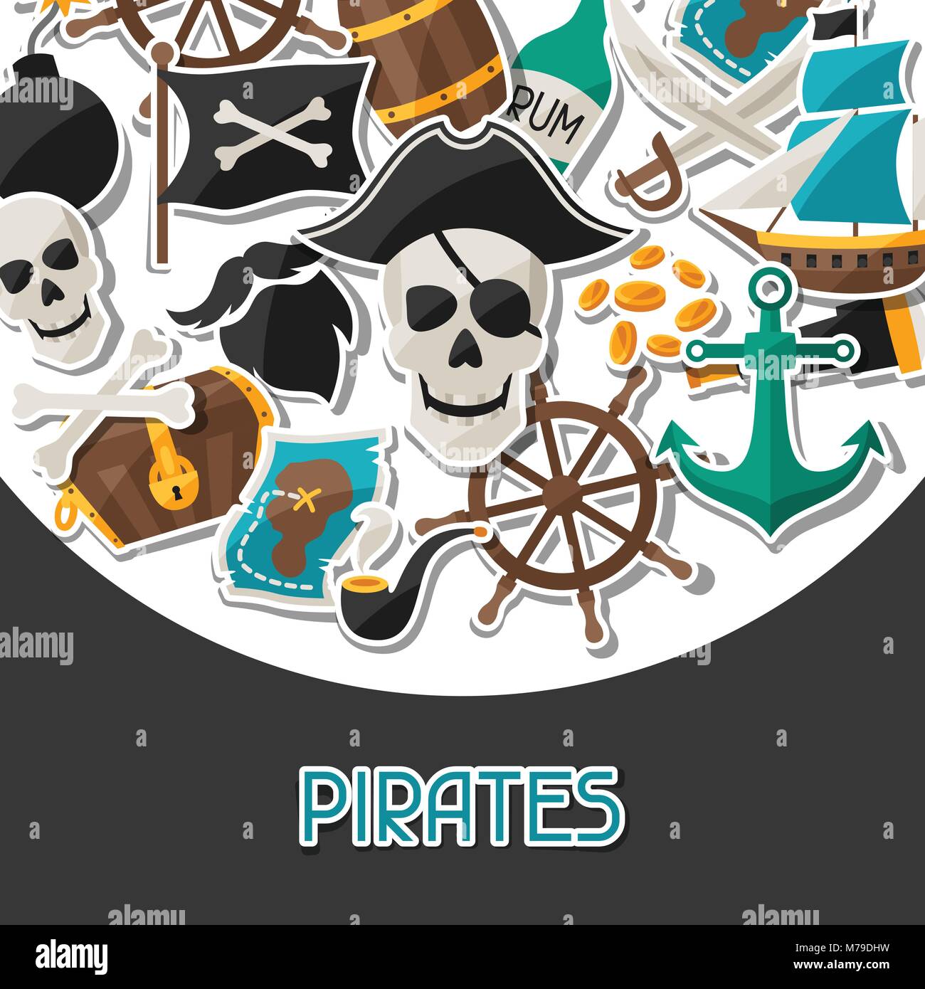 Contexte Le thème de pirates avec des autocollants et des objets Illustration de Vecteur