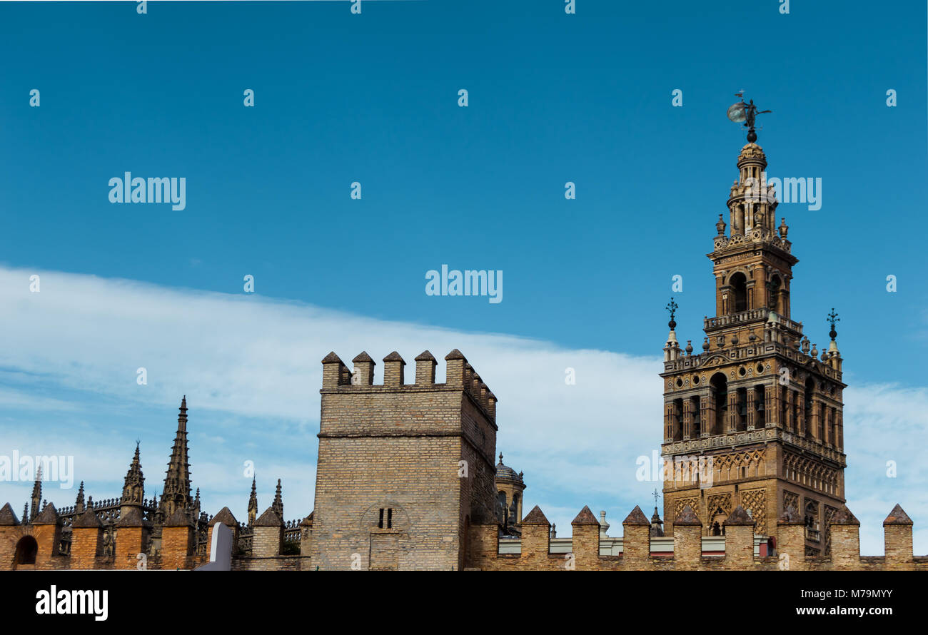 Giralda de Séville, vues depuis le Patio de los Naranjos. De beaux bâtiments avec ciel bleu clair. Patrimoine célèbre d'Andalousie, espagne. Banque D'Images