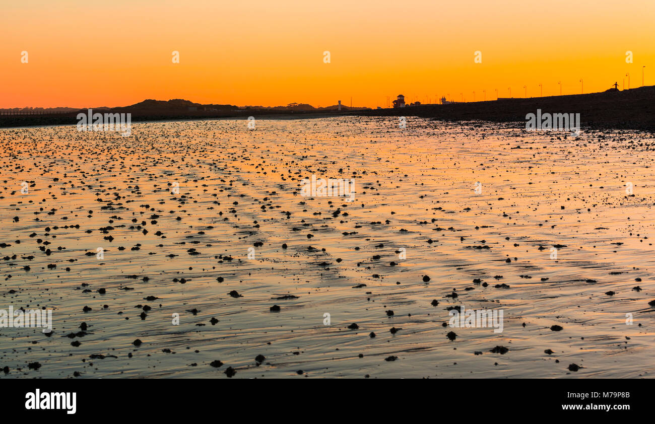 Plage déserte à marée basse après le coucher du soleil avec les moulages lugworm et orange rouge ciel reflétant dans le sable, au Royaume-Uni. Banque D'Images