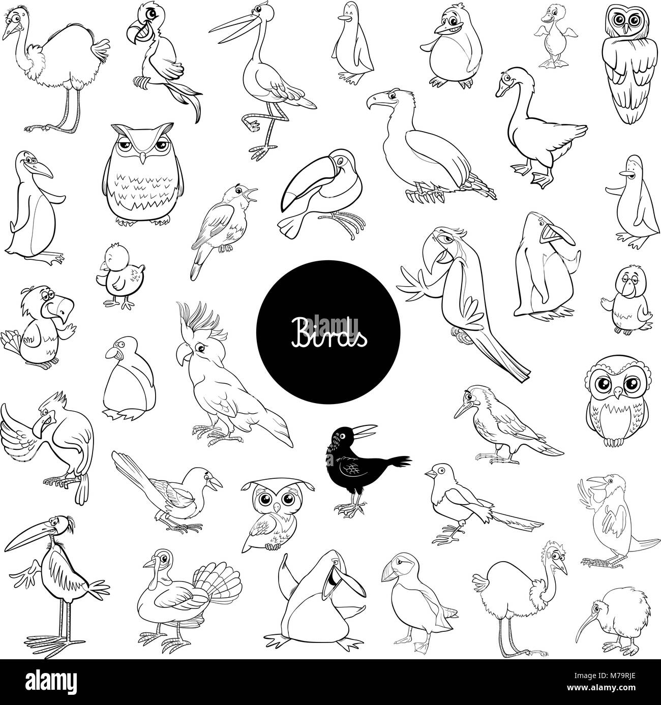 Illustration Cartoon noir et blanc de personnages animaux oiseaux Grand Livre à colorier Jeu Illustration de Vecteur