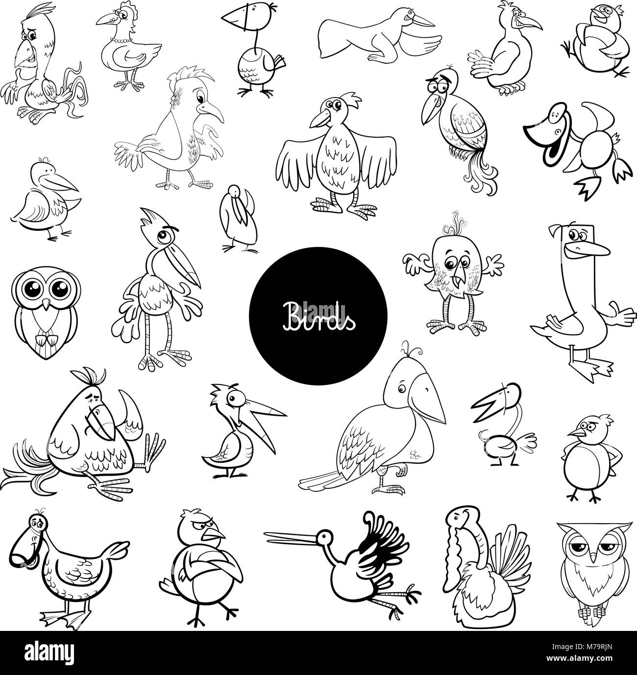 Illustration Cartoon noir et blanc de personnages animaux oiseaux Grande Collection Coloring Book Illustration de Vecteur