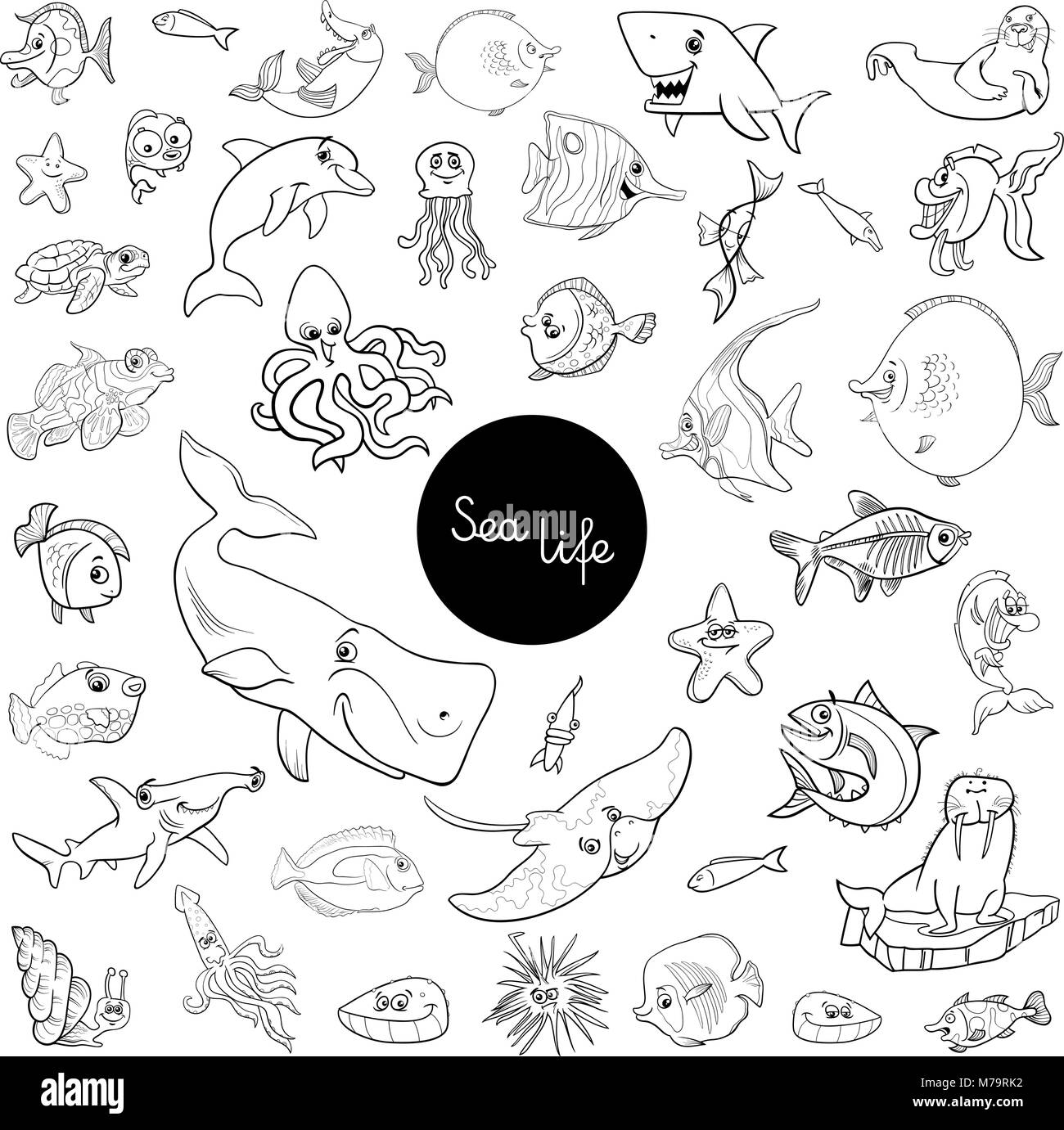 Illustration Cartoon noir et blanc de la vie marine des caractères des animaux Grande Collection Coloriages Illustration de Vecteur