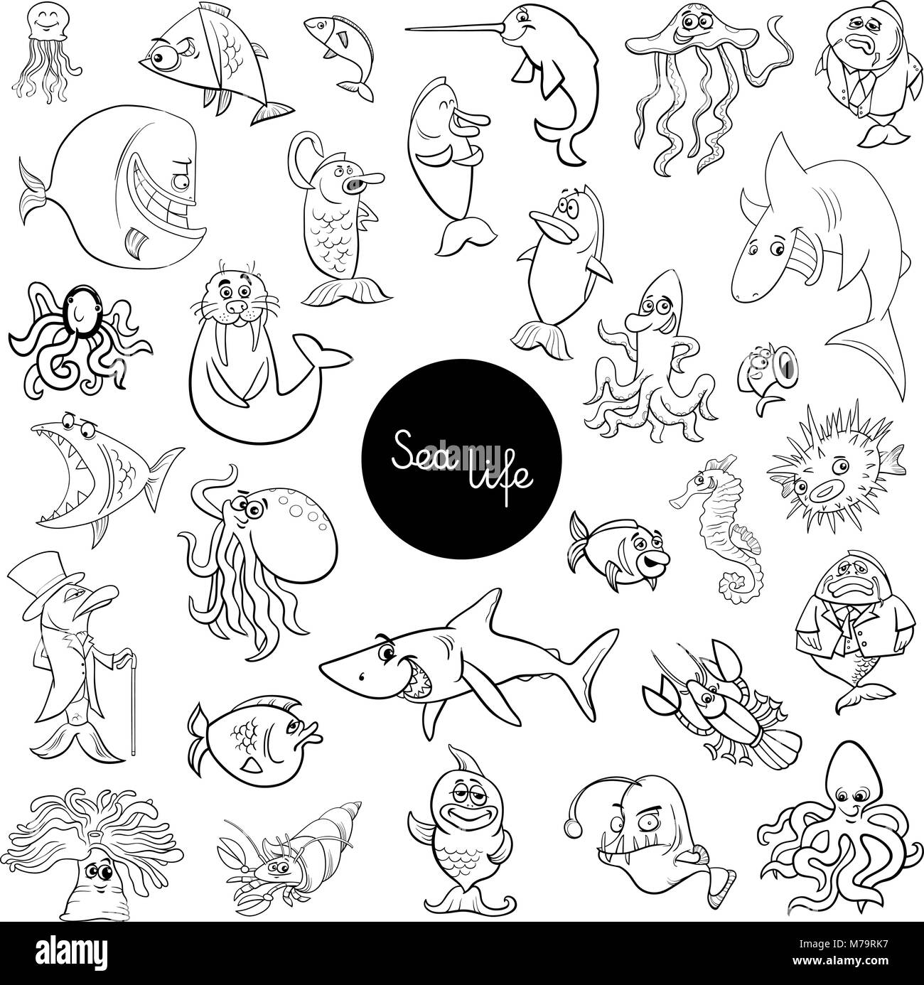 Cartoon noir et blanc Illustration de la vie de mer grand ensemble des caractères des animaux à colorier Illustration de Vecteur