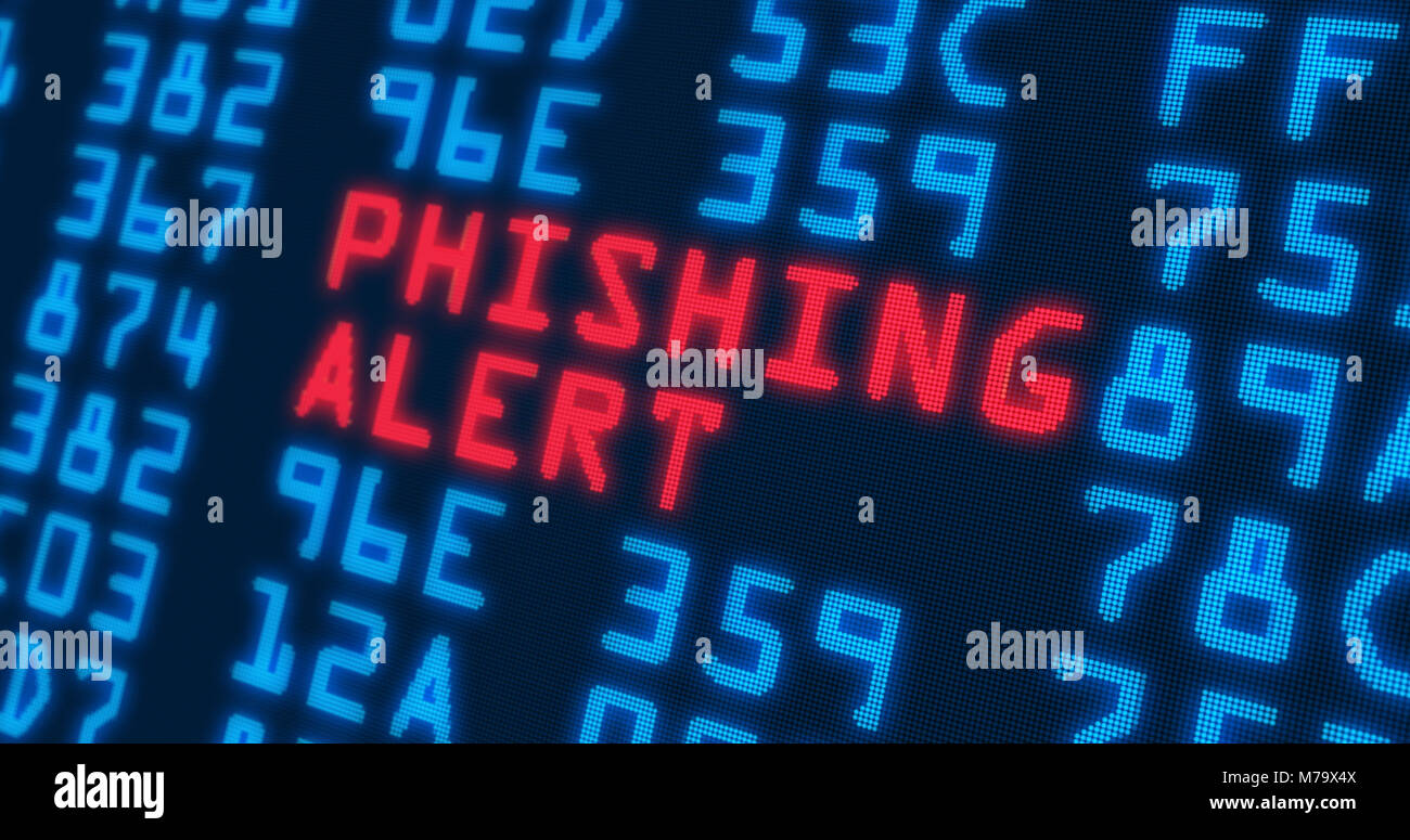 Des mots à la cyber-sécurité - alerte phishing - avec les numéros de bleu en arrière-plan. La sécurité des données et de la technologie numérique à écran graphique stylisé. Banque D'Images