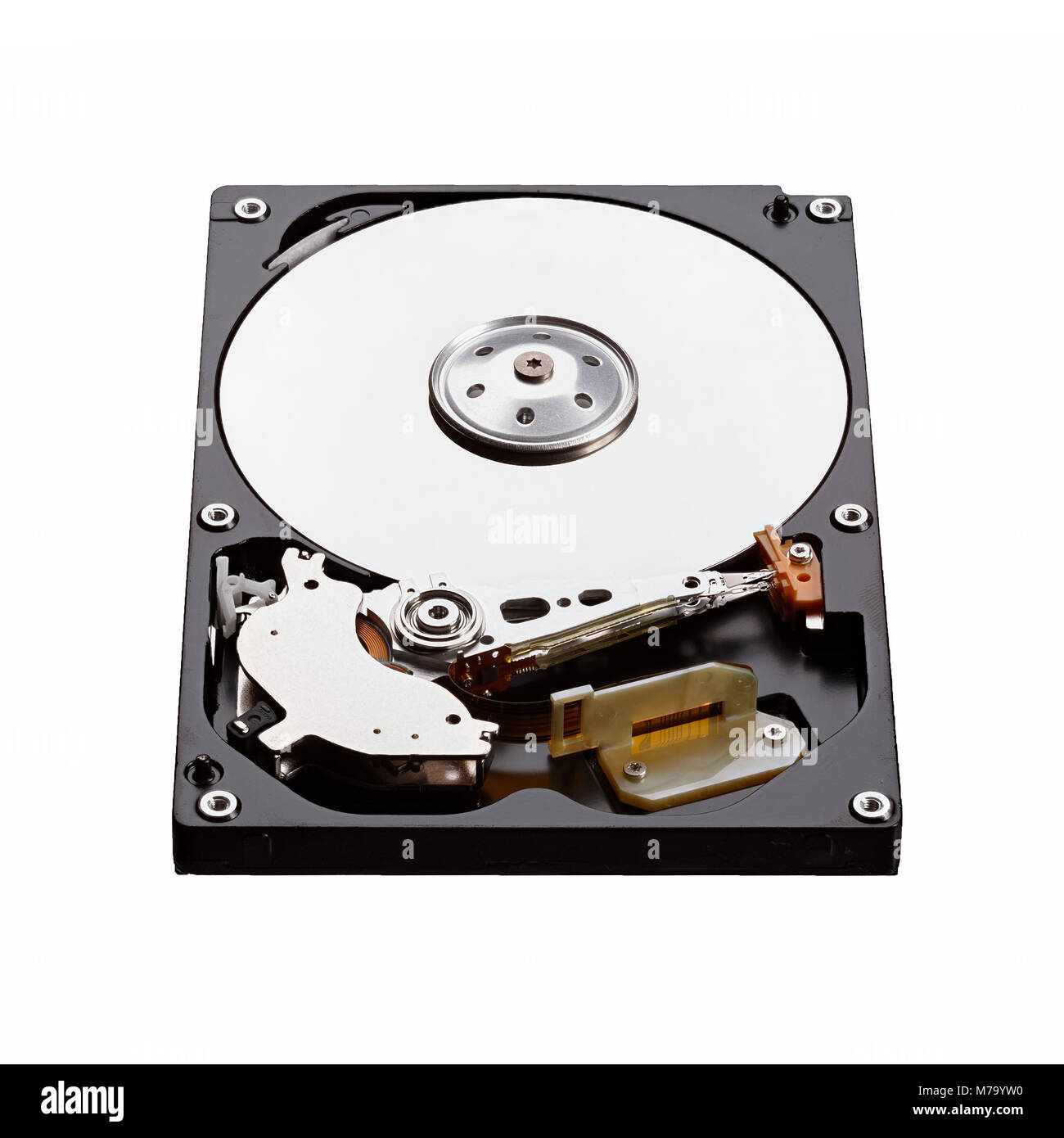 Véritable disque dur ouvert isolé sur blanc. Banque D'Images