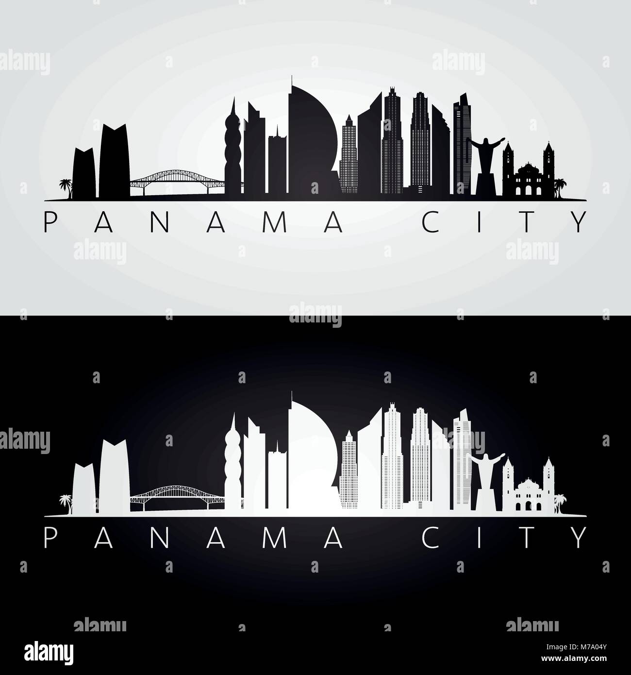 Panama City skyline et les repères d'ossature, noir et blanc design, illustration vectorielle. Illustration de Vecteur