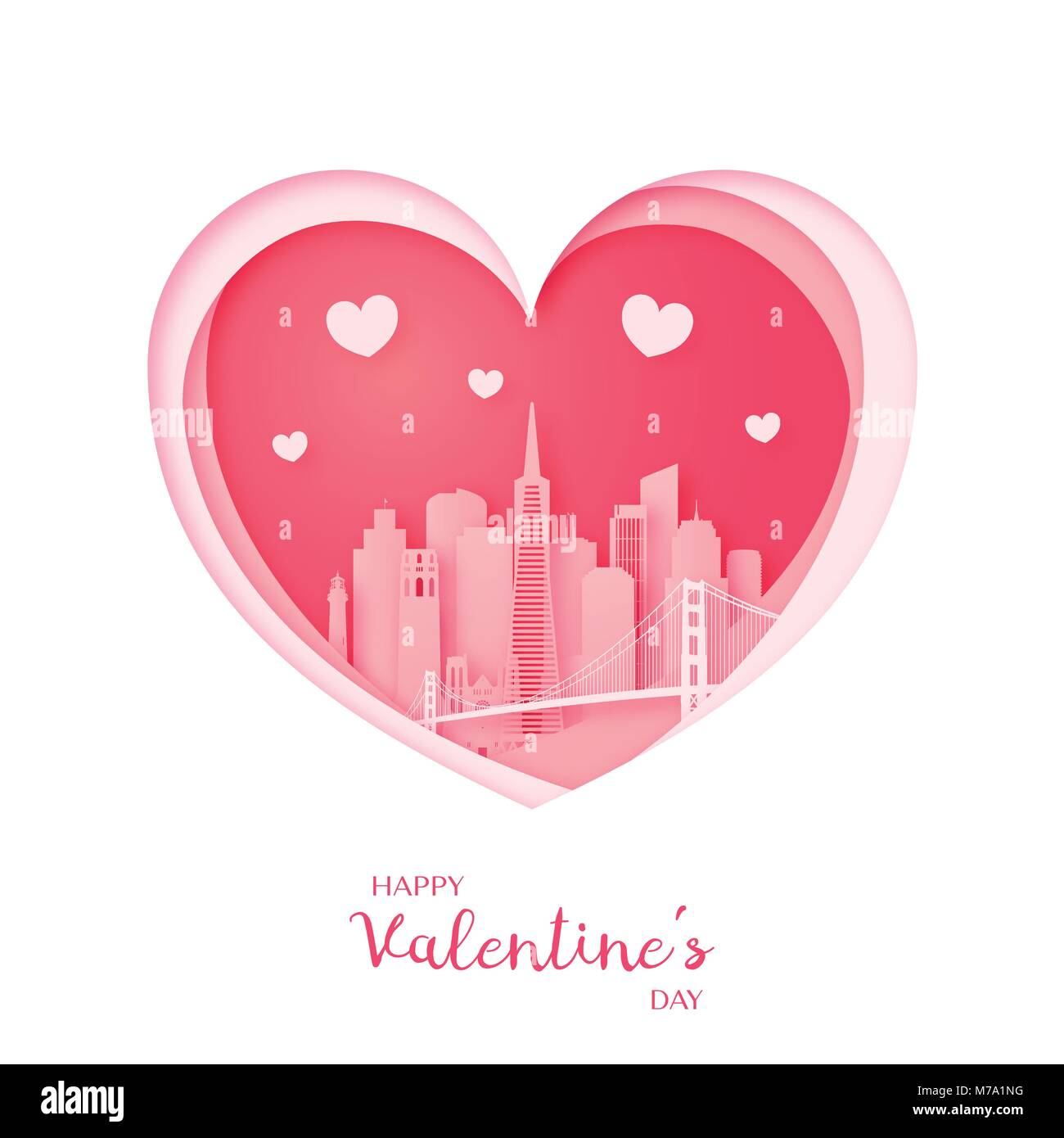 Carte de Saint-Valentin. Coupe papier coeur et ville de San Francisco. Happy Valentine's day. Vector illustration. Illustration de Vecteur