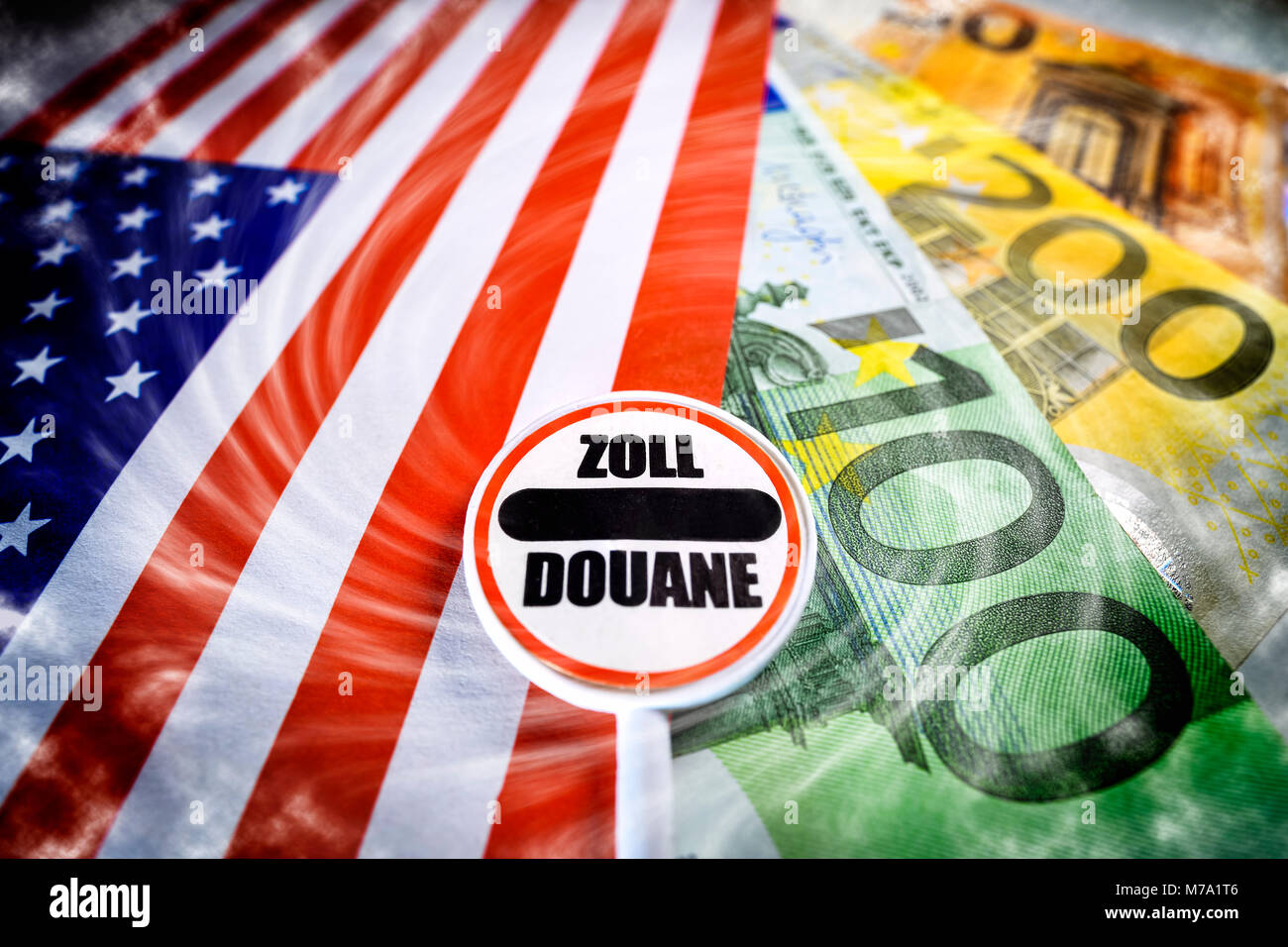 Signe sur les douanes US flag et billets en euros, les tarifs protecteurs Banque D'Images