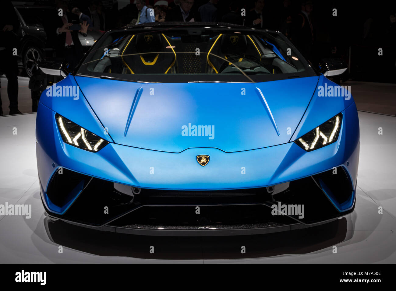 Genève, SUISSE - Le 6 mars 2018 : Lamborghini Ouragan Performante Spyder sports car présenté lors de la 88e Salon International de l'Automobile de Genève. Banque D'Images