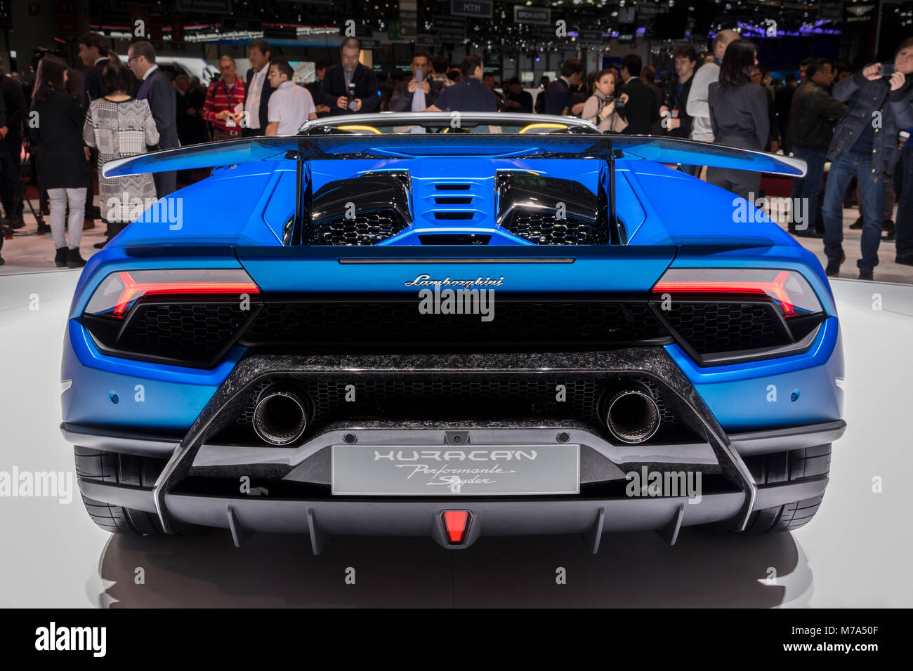 Genève, SUISSE - Le 6 mars 2018 : Lamborghini Ouragan Performante Spyder sports car présenté lors de la 88e Salon International de l'Automobile de Genève. Banque D'Images