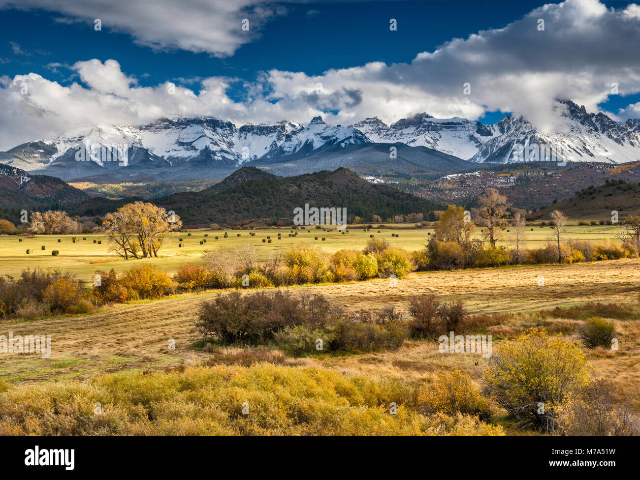 Sneffels Range, sous la neige à la fin de l'automne, vue depuis San Juan Skyway National Scenic Byway, près de Dallas diviser, montagnes San Juan, Colorado, USA Banque D'Images