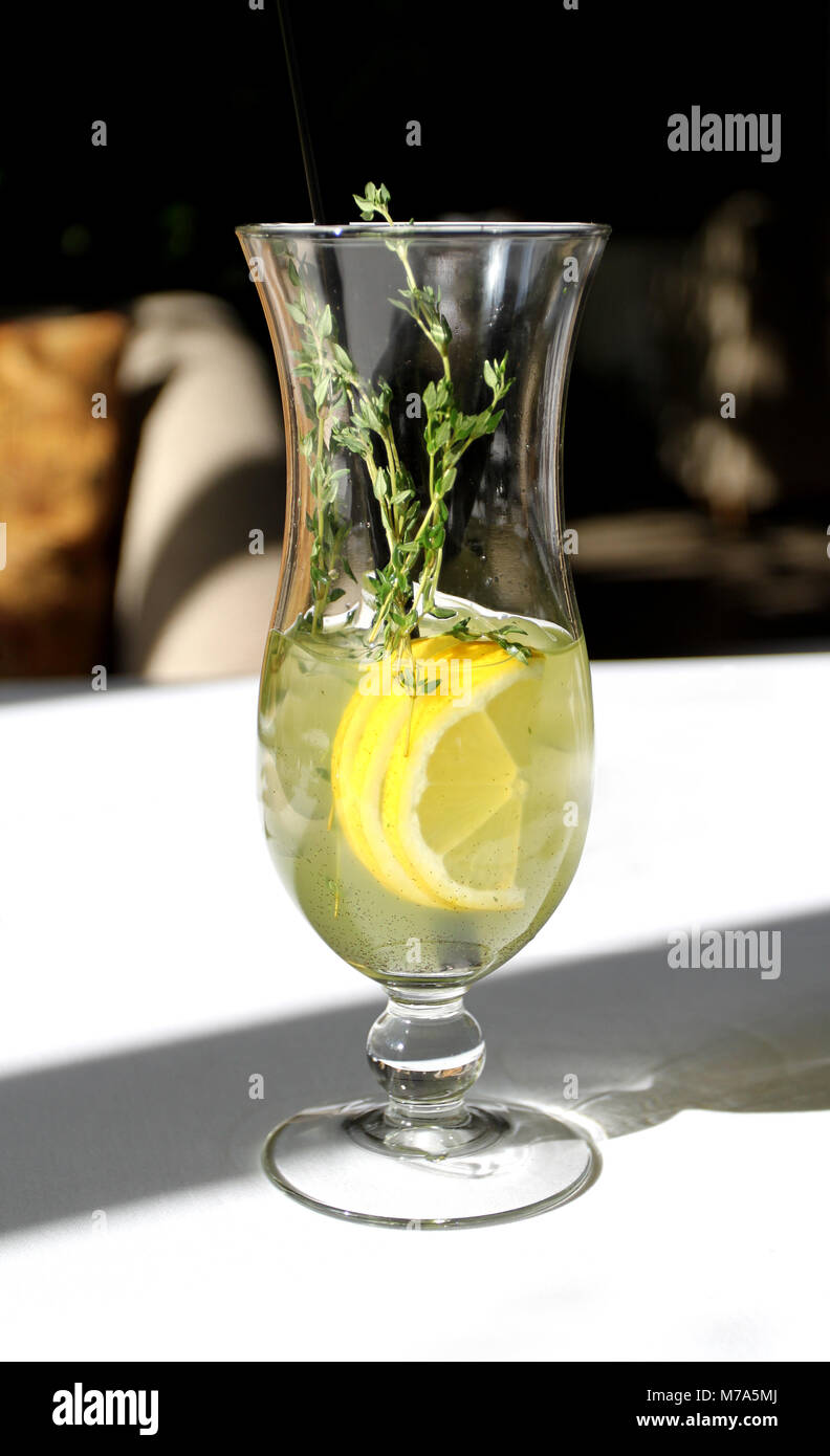 Photo macro d'un délicieux cocktail au thym éclairée par le soleil dans un restaurant Banque D'Images