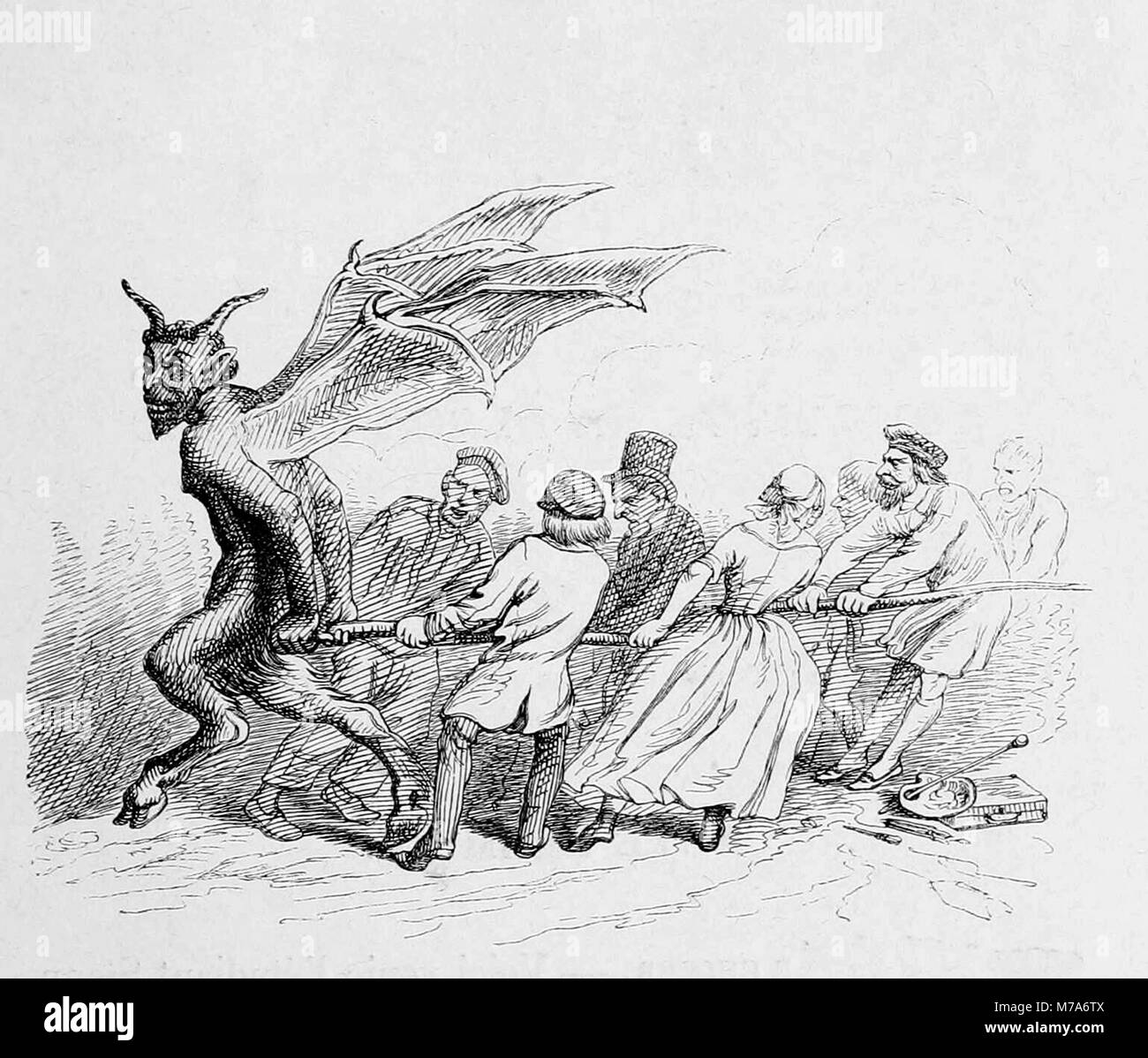 Tirant le diable par la queue, une gravure sur bois du 19e siècle par J J Grandville Banque D'Images
