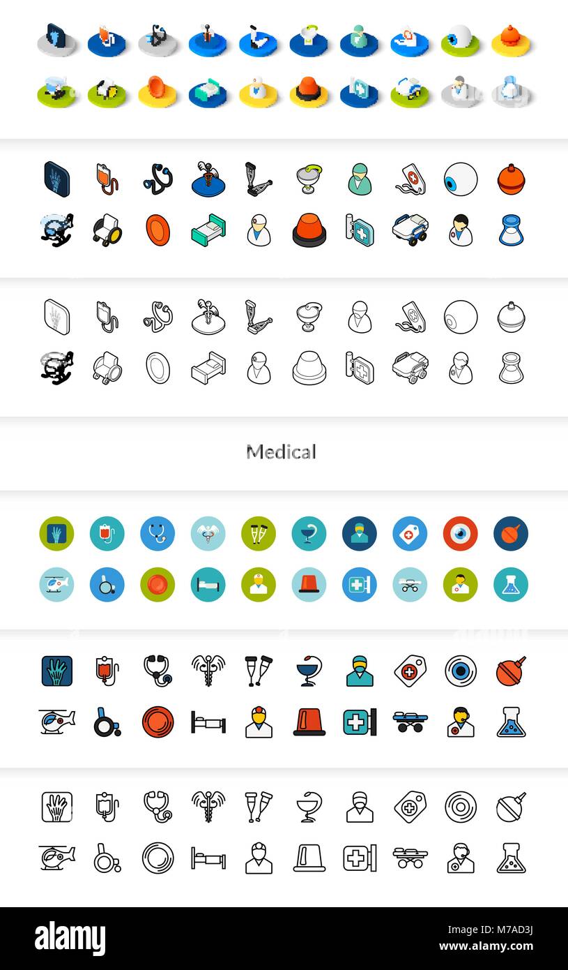 Ensemble d'icônes de styles - télévision isométrique et otline, colorés et les versions noires, symboles vectoriels - collection médicale Illustration de Vecteur