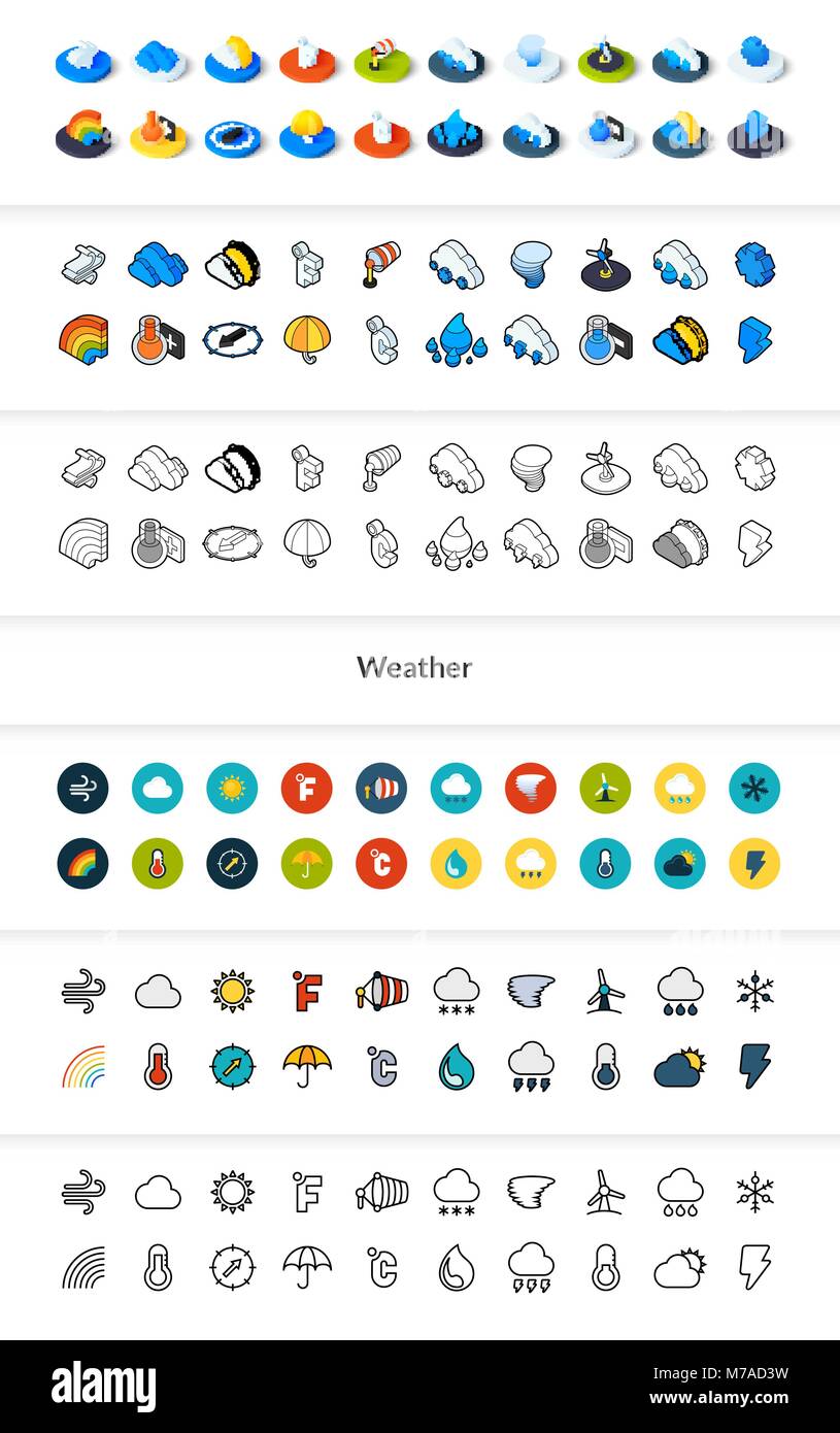 Ensemble d'icônes de styles - télévision isométrique et otline, colorés et les versions noires, symboles vectoriels - collection Météo Illustration de Vecteur