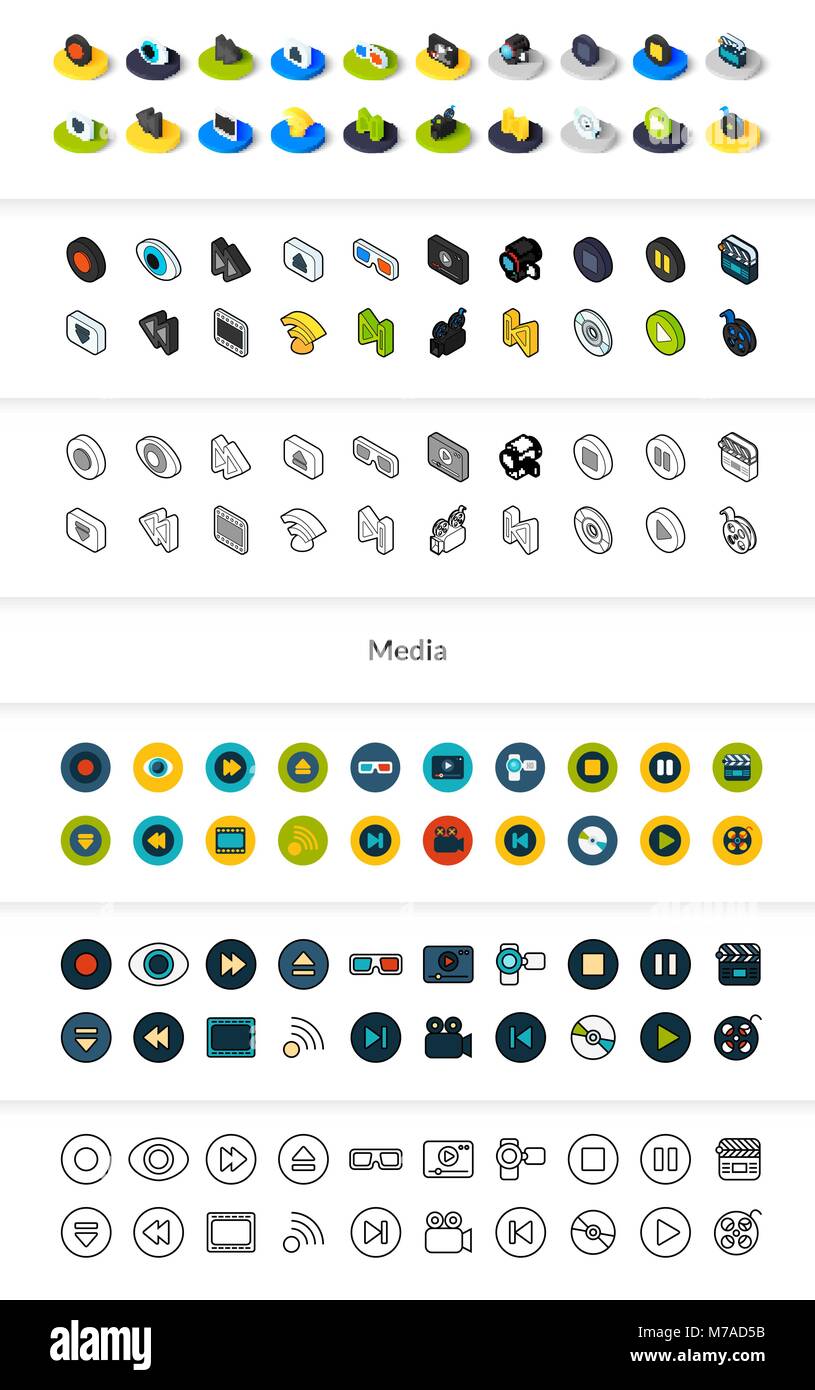 Ensemble d'icônes de styles - télévision isométrique et otline, colorés et les versions noir Illustration de Vecteur