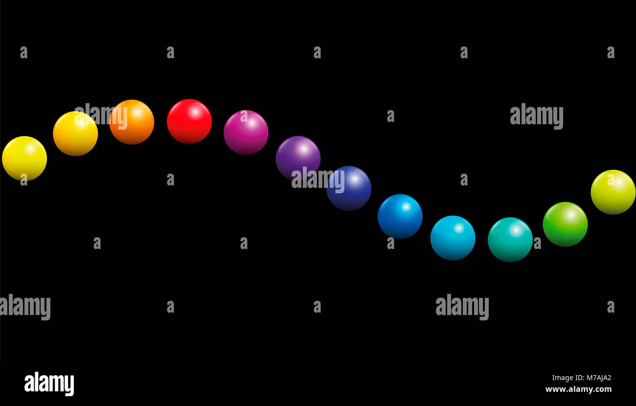Douze balles formant une vague sur fond noir. Illustration de l'extensible transparente du spectre de couleurs. Banque D'Images