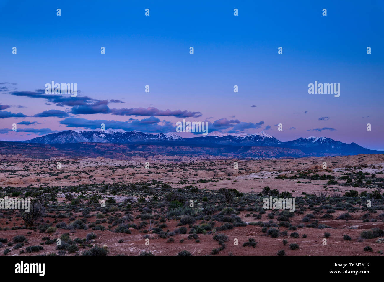 Les USA, Utah, grand comté, Moab, Arches National Park, Dunes pétrifiées vers les Montagnes La Sal Banque D'Images
