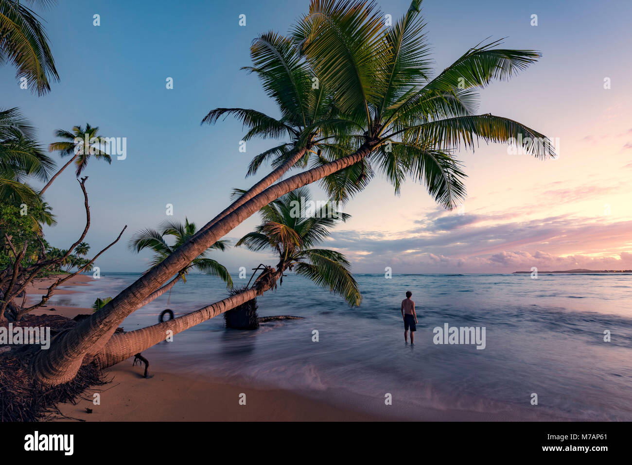 L'homme sur une plage sauvage au lever du soleil sur l'île des Caraïbes Puerto Rico Banque D'Images